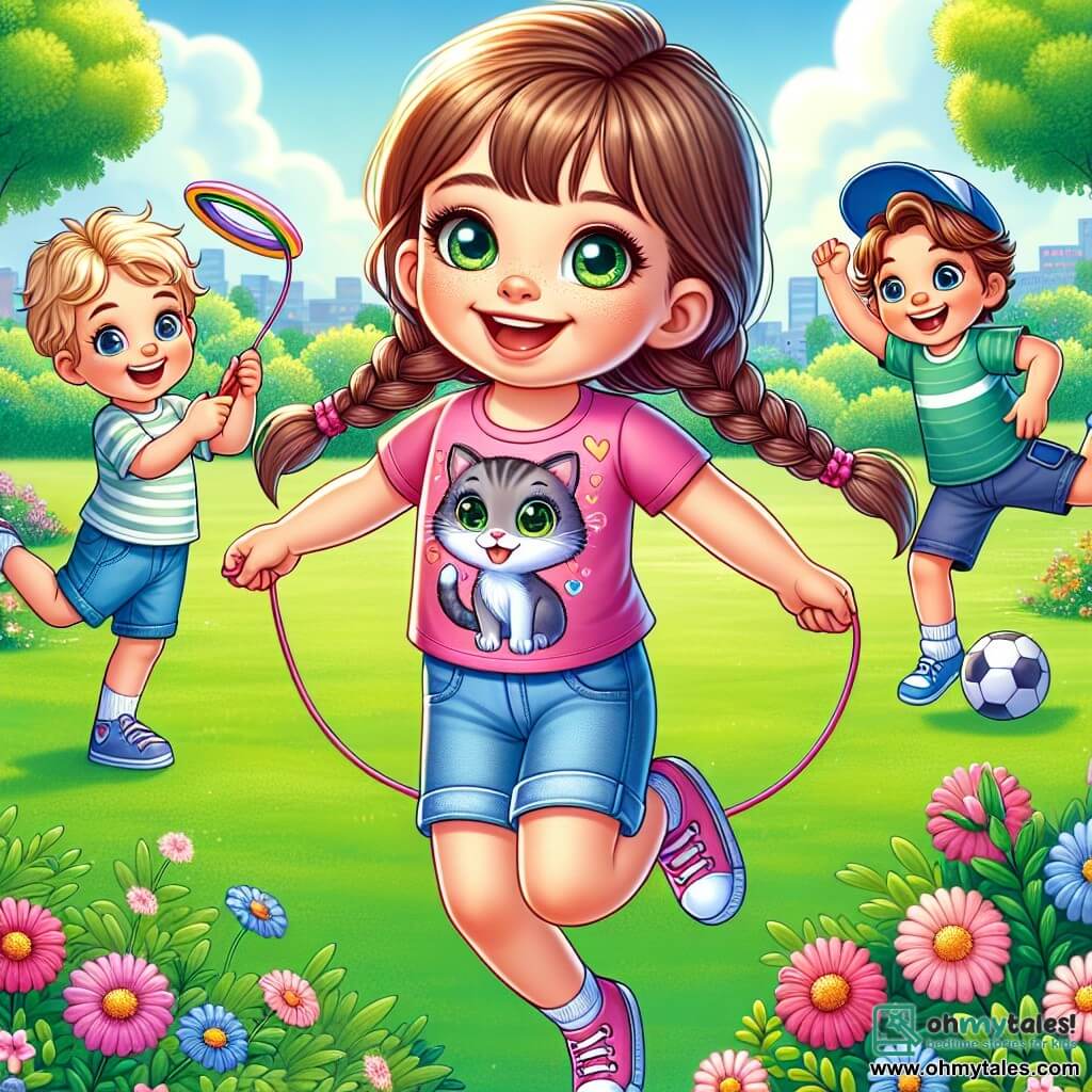 A 7-year-old girl, Lily, with long brown hair and sparkling curious eyes, is joyfully jumping rope in a sunny park. She wears a pink t-shirt with a cat design and denim shorts, her face radiating happiness and excitement. Next to her, her best friend Ella, also 7, with braided blonde hair and a bright smile, throws a colorful frisbee into the air. She is dressed in a floral dress and is ready to run. A little further away, Max, a 7-year-old boy with messy brown hair and a blue cap, dribbles a soccer ball, laughing with his friends. The park is lush, with tall trees, colorful flowers scattered on the grass, and a clear blue sky with a few white clouds. The main scene shows Lily and her friends having fun together, enjoying the outdoors, creating joyful and adventurous memories away from screens.