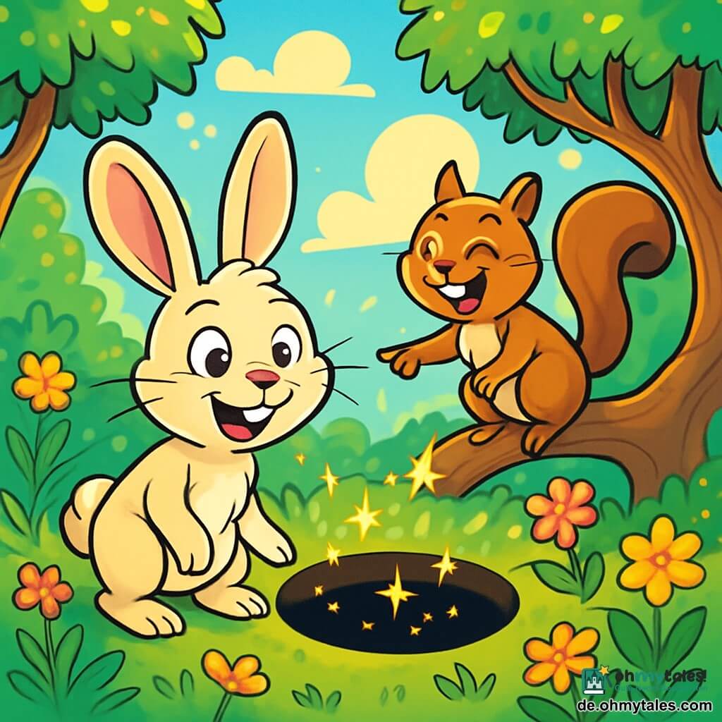 Hoppel, ein junger Hase mit großen Ohren und weichem, seidigem Fell, steht vor einem geheimnisvollen schwarzen Loch im Boden. Seine Augen leuchten vor Aufregung und Neugier, und er hat ein schelmisches Lächeln im Gesicht. Neben ihm klettert Pimpernelle, ein schelmisches Eichhörnchen mit braunem Fell und funkelnden Augen, auf einen niedrigen Ast, lacht fröhlich und zeigt mit einer Pfote auf das Loch. Die Szenerie ist ein verzauberter Garten, durchflutet von goldenem Licht, mit bunten Blumen, die im Wind tanzen, und Bäumen mit verdrehten Stämmen und funkelnden Blättern. Im Hintergrund schweben fluffige Wolken in einem strahlend blauen Himmel. Die Szene zeigt Hoppel und Pimpernelle, bereit, in das Abenteuer einzutauchen, während kleine funkelnde Sterne aus dem Loch auftauchen und Überraschungen und Lachen versprechen.