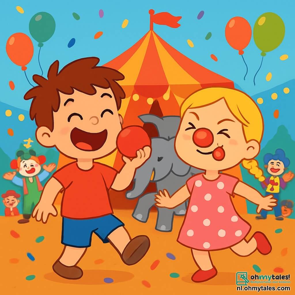 Er zijn 2 hoofdpersonages: - Max: Een 4-jarig jongetje met rommelig bruin haar, gekleed in een rode t-shirt en een blauwe short. Hij lacht met zijn grote mond open en houdt een grote rode clownneus in zijn hand. - Lila: Een 4-jarig meisje met gevlochten blond haar, gekleed in een roze jurk met witte stippen. Ze trekt een grappig gezicht met een rode clownneus op haar gezicht, vrolijk springend naast Max. De situatie speelt zich af in een kleurrijk circus met gestreepte rode en gele tenten, fonkelende lichten en ballonnen die in de lucht zweven. Op de achtergrond is een grote circustent te zien, dansende clowns en verwonderde toeschouwers. De hoofdactie van het verhaal toont Max en Lila als clowns die samen dansen en lachen op een podium, omringd door kleurrijke confetti, terwijl een vriendelijke olifant zich bij hen voegt om te dansen, wat een vrolijke en feestelijke sfeer creëert.