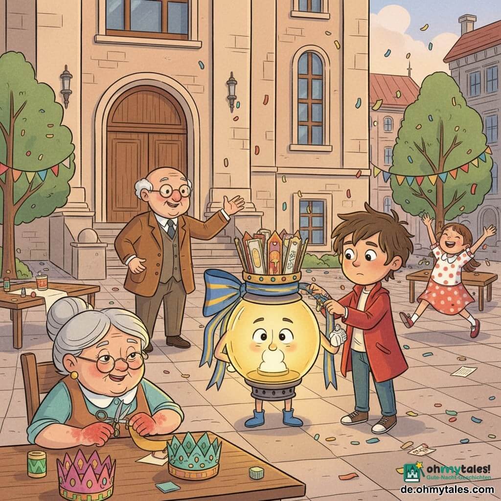 Die Hauptlaterne ist eine runde Glaslaterne mit warmem Gelblicht und blau-goldenem Band, trägt eine Papierkrone aus alten Lesezeichen und zeigt einen stolzen, sanften Ausdruck; ein älterer Bibliothekar in braunem Anzug mit runden Brillen steht lächelnd auf den Stufen der steinernen Bibliothek und winkt, ein ernstes Junge mit zerzausten Haaren und rotem Mantel legt eine kleine Muschel ans Band, eine alte Frau mit roten Händen und einer Schere bastelt an einem Holztisch mehrfarbige Papierkronen, ein Mädchen im gepunkteten Kleid rennt mit nur einem sichtbaren Schuh durch fallende Konfetti; Ort: gepflasterter Platz vor einer großen Bibliothek mit hohen Fenstern und Holztür, Tische mit Papier, Leim und Scheren, Papiergirlanden in den Bäumen; Situation: die Parade ist zu Ende, alle umringen die gekrönte Laterne, ihr warmes Licht erleuchtet die Gesichter, Konfetti schweben, visuell in sanften, gesättigten Farben mit abgerundeten Konturen, sichtbaren Papiertexturen und warmem Licht gegen einen spätnachmittäglichen Himmel.