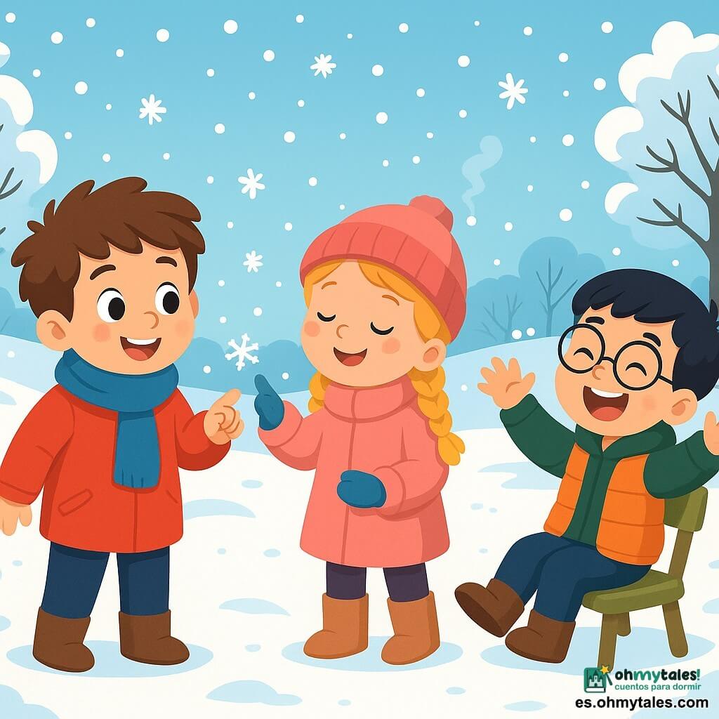 Hay 3 personajes: Mateo, un niño de 4 años con cabello castaño desordenado y ojos brillantes, lleva un abrigo rojo y una bufanda azul, está a la izquierda sonriendo y mirando la nieve. Dani, una niña de 4 años con cabello rubio trenzado y mejillas rosadas, viste un abrigo rosa y un gorro con pompón, está en el centro tocando un copo de nieve que cae. Leo, un niño de 4 años con cabello negro y gafas redondas, está sentado en una pequeña silla a la derecha, lleva un abrigo verde oscuro y un chaleco naranja, ríe levantando las manos para atrapar un copo. El lugar es un parque invernal mágico, cubierto de una gruesa capa de nieve brillante bajo un cielo azul claro, con árboles cargados de nieve y pequeños montones formados por el viento. Al fondo, se ve una casa con humo saliendo de la chimenea y huellas en la nieve que llevan a un pequeño arroyo congelado. La escena muestra a los tres amigos divirtiéndose en la nieve, con copos cayendo suavemente alrededor de ellos. Mateo sonríe señalando un copo, Dani se maravilla tocándolo y Leo ríe levantando los brazos para atraparlos, creando una atmósfera alegre y cálida.