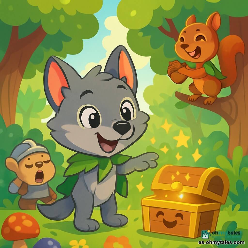 Un pequeño lobo de grandes orejas, con pelaje gris y ojos brillantes de curiosidad, se encuentra en el centro de la escena, sonriendo ampliamente. Lleva una pequeña capa de hojas verdes que flota a su alrededor, mientras extiende una pata hacia un cofre sonriente que se abre, dejando escapar estrellas brillantes. A su derecha, una ardillita traviesa con una capa de hojas, de ojos pícaros, trepa por una rama riendo a carcajadas mientras sostiene una nuez. A su izquierda, un pequeño oso de metal, con un casco de hierro, bosteza mientras se estira, con un aire soñador, listo para dormirse en medio de la aventura. El decorado es un bosque encantado, con árboles altos y frondosos, cuyas hojas brillan como esmeraldas bajo el sol, y flores coloridas que bailan al ritmo del viento. La situación principal muestra al pequeño lobo y sus amigos descubriendo el cofre mágico que canta, listos para compartir historias y risas, rodeados de una atmósfera alegre y luminosa, llena de promesas de aventuras por venir.