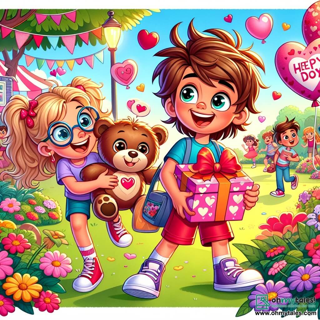 A 10-year-old boy, Max, with messy brown hair and sparkling eyes, holds a large pink cardboard decorated with hearts, smiling enthusiastically. He wears a blue t-shirt and red shorts, standing in a sunny park surrounded by colorful flowers. Next to him is Lily, a 10-year-old girl with blonde pigtails and round glasses, wearing purple sneakers and a heart-patterned t-shirt. She is laughing, holding a small teddy bear with a heart in her arms, standing right next to Max. The park is vibrant, with lush green trees, children playing in the distance, and Valentine's Day decorations hanging from the branches. Pink and red balloons float in the air, adding a festive touch to the atmosphere. The main scene shows Max and Lily sharing cookies while laughing, surrounded by other children joining them to celebrate Valentine's Day, creating a joyful and friendly atmosphere.