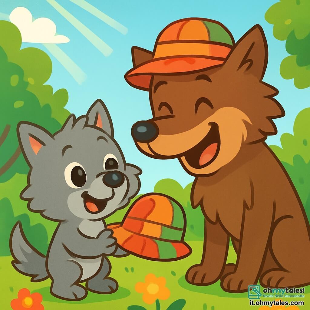 Un piccolo lupo dai peli grigi e morbidi, con grandi occhi scintillanti di gioia, tiene un vecchio cappello colorato tra le zampe. Sorride ampiamente, mostrando i suoi piccoli denti bianchi, e sembra molto orgoglioso della sua scoperta. Accanto a lui, un grande lupo dal pelo marrone, con un'espressione divertita e affettuosa, indossa il cappello sulla testa. Si piega leggermente in avanti, ridendo di cuore, e guarda suo figlio con tenerezza. La scena si svolge in un giardino verdeggiante, pieno di fiori colorati e cespugli folti, sotto un cielo blu splendente. I raggi di sole filtrano tra le foglie degli alberi, creando un'atmosfera calda e gioiosa. Il piccolo lupo e suo padre stanno preparando una sorpresa per la festa del papà, circondati da risate e felicità, condividendo un momento speciale insieme.
