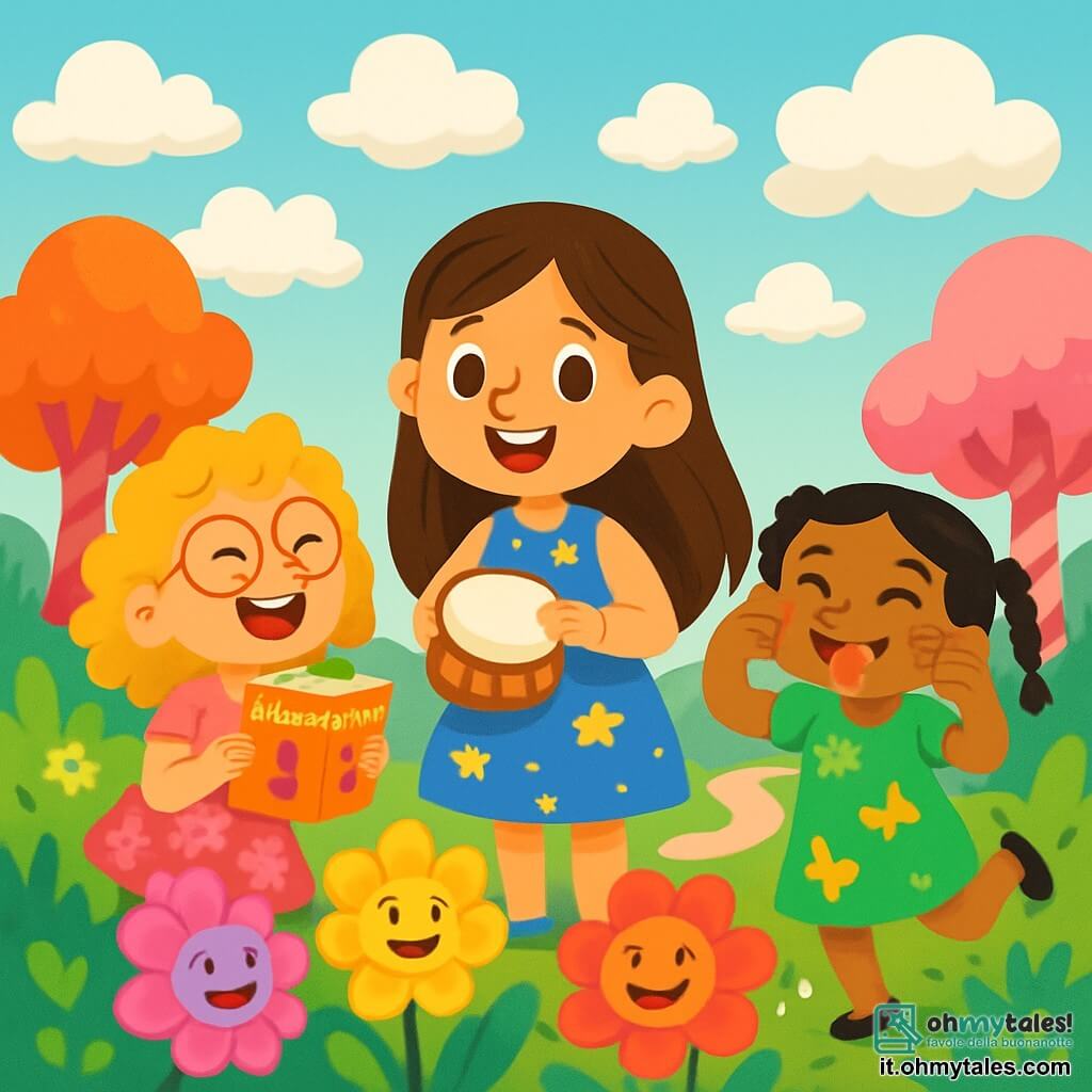 Ci sono 3 personaggi: Luna, una ragazza di 8 anni con lunghi capelli castani e occhi scintillanti, indossa un vestito blu decorato con stelle e tiene un piccolo tamburo di legno. Stella, una ragazza di 7 anni con capelli dorati ricci e occhiali tondi, indossa un vestito rosa con motivi floreali e tiene un libro di barzellette, ridendo a sinistra di Luna. Gioia, una ragazza di 6 anni con capelli neri intrecciati e occhi birichini, indossa un vestito verde con farfalle e fa le smorfie, saltando di gioia a destra di Luna. Il luogo è un giardino incantato, pieno di fiori multicolori che brillano al sole, circondato da alberi dai tronchi di caramella e un sentiero di zucchero filato. La scena principale mostra le tre amiche che raccontano barzellette ai fiori, che iniziano a sorridere e a riacquistare i loro colori vivaci, creando un'atmosfera gioiosa e magica.