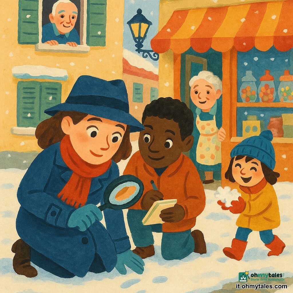 La protagonista è Sofia, detective donna dall'aria concentrata e dolce, occhi osservatori, cappotto blu scuro e sciarpa rossa, che tiene una lente vicino a un'impronta nella neve; il personaggio secondario è Giulio, ragazzo di 12–14 anni, giornalista curioso con taccuino e penna a destra di Sofia che prende appunti; la piccola Emma, bambina di 6–7 anni con stivaletti rossi e berretto blu, gioca nella neve a pochi passi con mani piene di neve; la signora Baratta, donna anziana e rotonda con grembiule a fiori, apre la porta del negozio dietro Sofia con aria sollevata; il signor Toni, uomo anziano dai capelli bianchi, osserva sorridendo dalla finestra di una casa vicina; la scena si svolge nella piazza di un piccolo villaggio innevato con ciottoli coperti di neve, vetrine colorate di una pasticceria, lampioni in ferro battuto e case con persiane dipinte; Sofia esamina l'impronta davanti alla porta del negozio di dolci, Giulio prende appunti, Emma si allontana lasciando l'impronta e la signora Baratta apre la porta, sotto una luce mattutina morbida e fiocchi di neve cadenti.