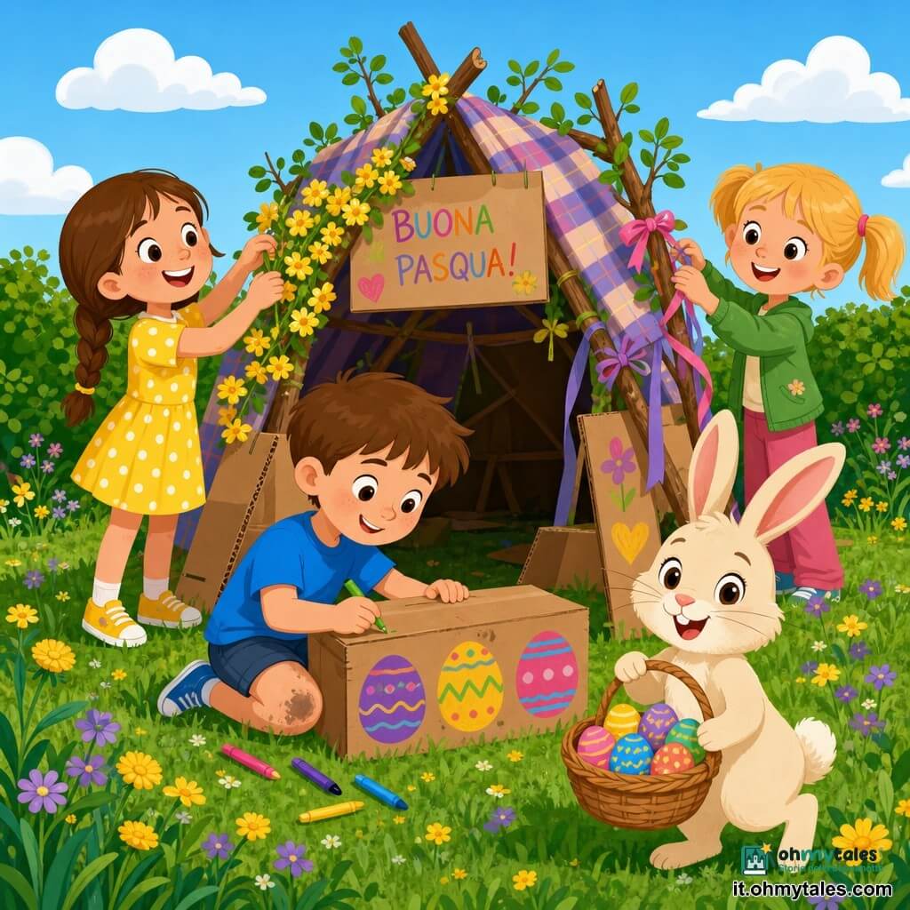 Ci sono quattro personaggi: Giulia, 6 anni, capelli castani in treccia, vestito giallo a pois bianchi, a sinistra con un grande sorriso mentre tiene fiori gialli attaccati alla casetta; Tommaso, 6 anni, capelli corti castani, maglietta blu e ginocchia un po' sporche, al centro davanti alla casetta che decora uova colorate su una scatola di cartone; Martina, 6 anni, capelli biondi in codini e giacchetta verde, a destra che lega nastri rosa e viola a un ramo usato come posatoio; e un piccolo coniglio pasquale color crema con occhi nocciola e un cesto di vimini pieno di uova multicolori, leggermente avanti a destra; il tutto in un giardino soleggiato con prato verde, fiori selvatici gialli e viola, una casetta fatta di cartone e coperte sullo sfondo, cielo azzurro con qualche nuvola e una siepe, atmosfera festosa e colori vivaci, composizione centrata sulla casetta e sulle interazioni amichevoli.