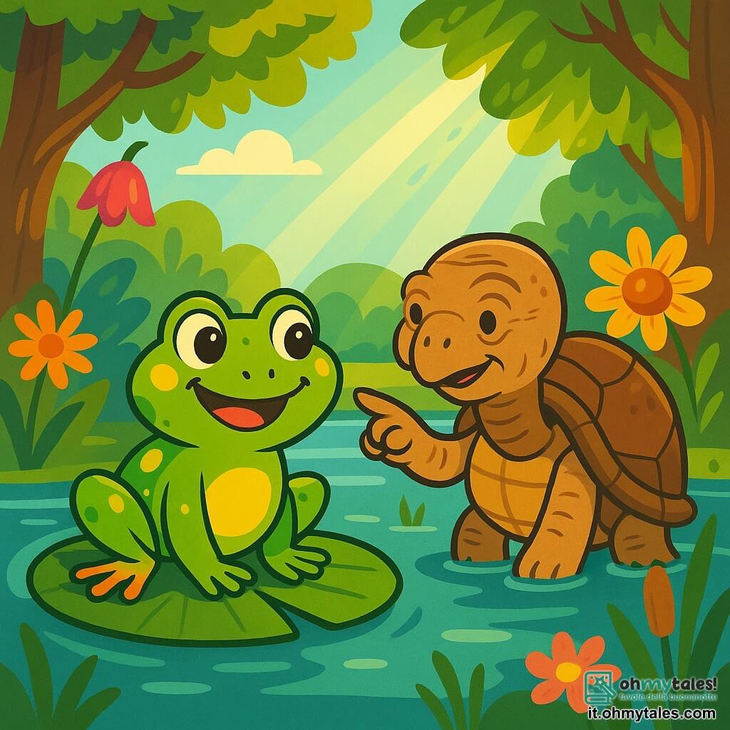 Una piccola rana di nome Filomena, con una pelle verde brillante e macchie gialle, si trova su una grande foglia di ninfee, con gli occhi brillanti di curiosità e un sorriso gioioso sul volto. Accanto a lei, una vecchia tartaruga saggia di nome Gianluca, con un guscio marrone e rughe sul viso, osserva attentamente, con uno sguardo benevolo, mostrandole il cammino da seguire. Il contesto è uno stagno antico, circondato da fiori colorati e alberi maestosi, con raggi di sole che filtrano tra le foglie, creando un'atmosfera magica e pacifica. In questa scena, Filomena e Gianluca si preparano a partire per un'avventura alla ricerca di un tesoro nascosto, pieni di eccitazione e speranza.