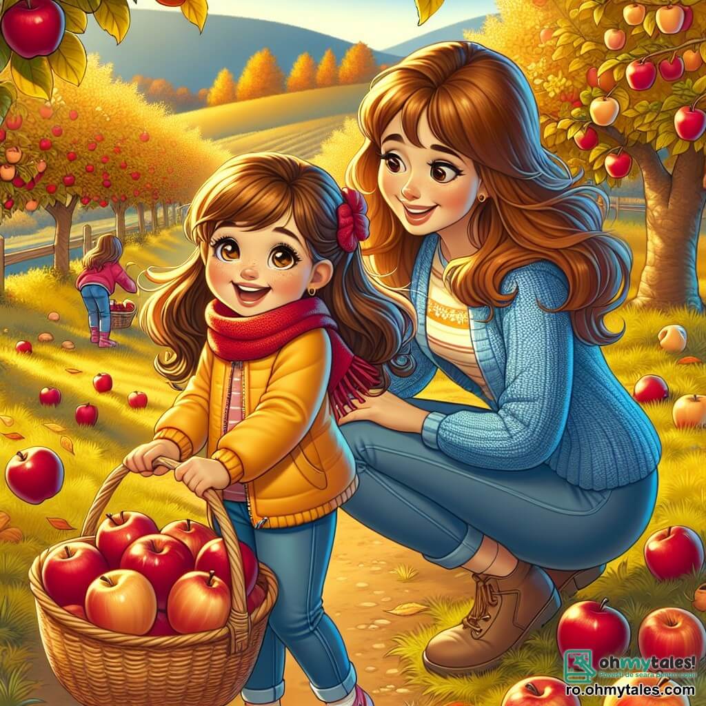 O fetiță de 6 ani, pe nume Ana, cu părul lung și brunet și obrașe roz, zâmbește vesel ținând un coș plin cu mere roșii strălucitoare. Ea poartă o jachetă galbenă frumoasă și o eșarfă roșie, stând în mijlocul unei livade de mere superbe în toamnă, unde frunzele copacilor sunt de un portocaliu strălucitor, iar solul este acoperit cu un covor de frunze uscate. Lângă ea, mama ei, o femeie de aproximativ 30 de ani cu părul castaniu și un zâmbet cald, o ajută să culeagă mere. Ea este îmbrăcată cu un pulover din lână albastru și o pereche de pantaloni confortabili, aplecându-se să ridice un măr căzut pe sol, privindu-și fiica cu tandrețe. Locul este o frumoasă livadă de mere, scăldată în lumina aurie a soarelui de toamnă, cu copaci încărcați de fructe și dealuri verzi în fundal. Situația principală arată cum Ana și mama ei culeg mere împreună, umplându-și coșul în timp ce râd și se distrează, capturând spiritul vesel și cald al toamnei.