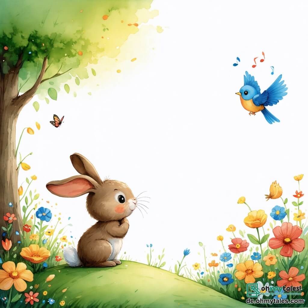 Ein kleiner brauner Hase mit großen, glänzenden Augen und langen, hängenden Ohren steht auf einem grünen Hügel und blickt auf einen bunten Garten voller strahlender Blumen. Sein Ausdruck ist melancholisch, aber voller Hoffnung, während er sich an seinen verlorenen Freund erinnert. Neben ihm sitzt ein kleiner blauer Vogel mit leuchtendem Gefieder auf einem Ast und schaut den Hasen mit Mitgefühl an, seine Augen funkeln vor Traurigkeit und Verständnis. Er singt sanft und bringt eine tröstliche Melodie in die Luft. Der Ort ist ein sonniger Garten, erleuchtet von goldenem Licht, mit Blumen in allen Farben, schwirrenden Schmetterlingen und einem klaren blauen Himmel, der mit flauschigen weißen Wolken bedeckt ist. Die Hauptsituation zeigt den Hasen, der sich an seinen verstorbenen Freund erinnert, umgeben von der Schönheit der Natur, die das Leben und glückliche Erinnerungen symbolisiert, während sie die Liebe feiert, die über den Verlust hinaus besteht.