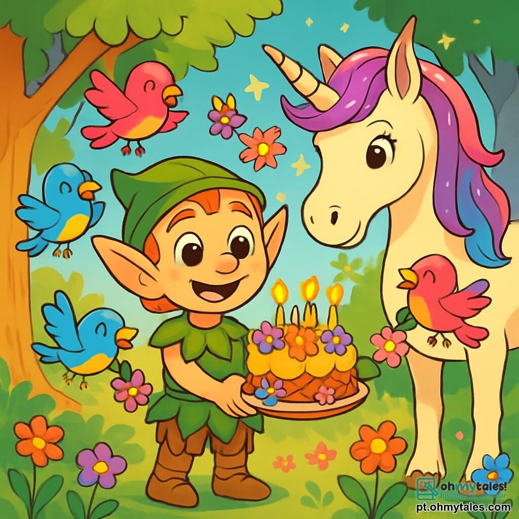 Flif, um pequeno elfo de pele luminosa e grandes orelhas pontudas, está no centro da imagem, com um sorriso radiante e olhos brilhando de excitação. Ele usa uma túnica de folhas verdes e calças de casca, segurando um bolo de néctar decorado com flores coloridas. Ao lado dele, um majestoso unicórnio com crina cintilante e um carvalho dourado está presente, com olhos brilhantes de benevolência, enquanto faz aparecer estrelas cadentes com seu carvalho. Um grupo de pequenos pássaros coloridos, com penas brilhantes, voa ao redor, cantando alegremente e trazendo guirlandas de flores. A cena ocorre em uma clareira encantada, cercada por árvores de troncos prateados e flores multicoloridas que dançam ao vento. Raios de sol filtram através das folhas, criando uma atmosfera mágica e acolhedora. Flif está prestes a soprar as velas de seu bolo de aniversário, enquanto seus amigos o cercam, ansiosos e alegres, prontos para celebrar este momento especial.
