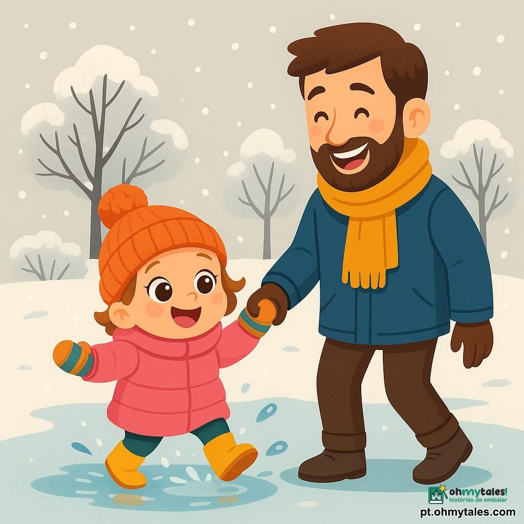 Uma menina de 2 anos, com grandes olhos brilhantes e bochechas rosadas, usa um grosso casaco rosa, um gorro de lã e luvas coloridas. Ela está pulando em uma poça congelada, com um grande sorriso de encantamento no rosto. Ao lado dela, seu pai, um homem de cerca de 30 anos, com uma barba macia e um sorriso caloroso, segura sua mão enquanto ri. Ele veste um casaco azul e um cachecol. O cenário é um paisagem de inverno, com árvores desnudadas cobertas de neve cintilante, um céu cinza claro e flocos de neve caindo suavemente. A cena acontece em um parque tranquilo, onde o chão está coberto por uma fina camada de gelo. A menina, cheia de alegria, espirra água congelada com suas botinhas, criando reflexos de luz ao seu redor.