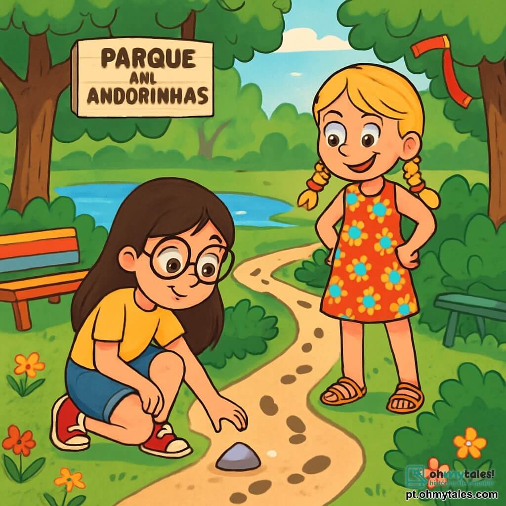 Há 2 personagens principais: - Sofia: uma menina de 9 anos, com longos cabelos castanhos e óculos redondos. Ela usa uma camiseta amarela e um short de jeans. Ela está agachada, examinando uma pedra brilhante no chão. - Clara: uma menina de 9 anos, com cabelos loiros trançados e um sorriso travesso. Ela usa um vestido florido e sandálias. Ela está em pé ao lado de Sofia, com as mãos na cintura, olhando curiosamente para o caminho misterioso. O local da situação principal é o Parque das Andorinhas, um lugar verdejante com grandes árvores de folhas luxuriantes, flores coloridas espalhadas pelo chão e um pequeno lago cintilante ao longe. Bancos de madeira pintados em cores vivas estão espalhados, e um caminho sinuoso é ladeado por arbustos densos. A situação principal da história mostra Sofia e Clara descobrindo um caminho secreto no parque, com marcas de pegadas intrigantes no chão e uma fita vermelha flutuando ao vento, criando uma atmosfera de aventura e mistério.