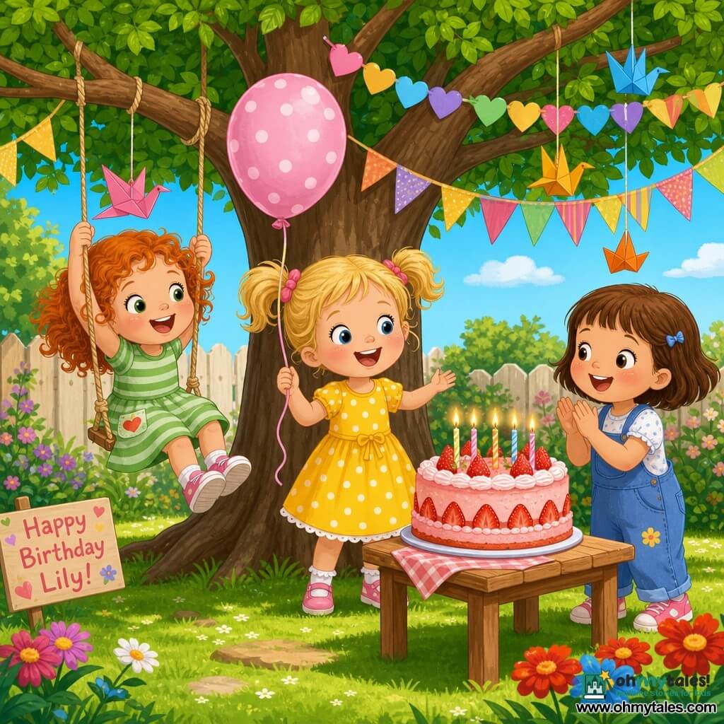 Three 3-year-old girls celebrate a birthday in a sunny backyard garden: Lily (blonde pigtails, yellow polka-dot dress) stands center holding a pink balloon; Rosie (curly red hair, green striped dress) is left, hanging from a swing branch with a suspended origami bird; Mia (short brown hair, blue overalls) is right, clapping at a large slice of strawberry cake on a small wooden table; a large leafy tree decorated with paper garlands and colorful origamis, red and blue flowers, and a clear blue sky complete the scene.
