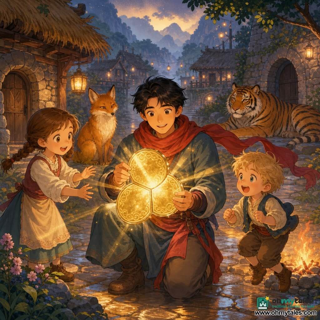 A gentle-faced man (Joon) with bright eyes and smooth black hair, wearing a flowing red scarf, delicately holds three assembled mirror shards glowing with golden light; to his left a laughing 8-year-old girl with brown pigtails reaches for the light near a small stone house, to his right a surprised 6-year-old blond boy jumps near a low campfire; behind Joon a calm golden fox with amber eyes sits on a rock and, further back near a stone door, a benevolent old orange-and-black striped tiger lies down; setting: a sloping village square with small wooden thatched houses, wet cobbles, hanging lanterns and light mist at dusk; main action: Joon assembles the mirror and warm golden beams disperse the mist, illuminating villagers' faces in a magical, soothing atmosphere; style: soft lines, saturated pastel colors, watercolor paper textures, readable friendly expressions, composition centered on Joon and the mirror.