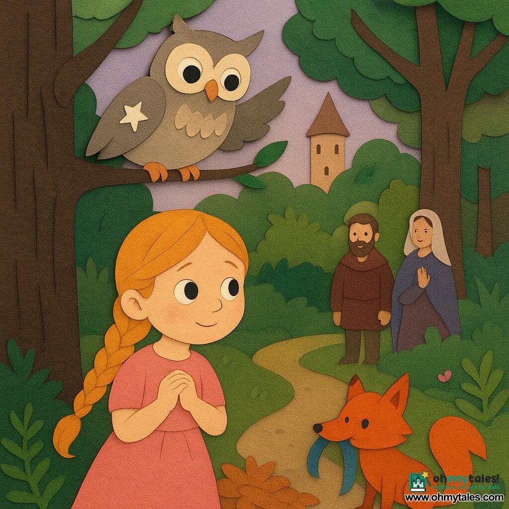 A small princess of about six with a round face and honey-blond braids, smiling but slightly hesitant with hands crossed over her chest and leaning toward a woodland path; a wise gray-and-beige owl with a small white star on its wing perches on a branch above her, looking at her and raising a wing as if pointing the way; a playful red fox nearby holds a blue ribbon and watches the path; the king (about 40, soft beard) and queen (about 38, light shawl) stand at the garden edge near the castle door, the king smiling and the queen raising a hand in greeting; the scene is the edge of a wood at dusk with a narrow fern- and pink-flower-lined path, textured brown trunks, layered paper-cut leaves, a round stone fountain and a round castle tower under a lavender sky, capturing the tender moment as the princess listens to the wind, surrounded by friendly animals and her reassuring parents, warm colors and crisp, paper-cut contrasts.