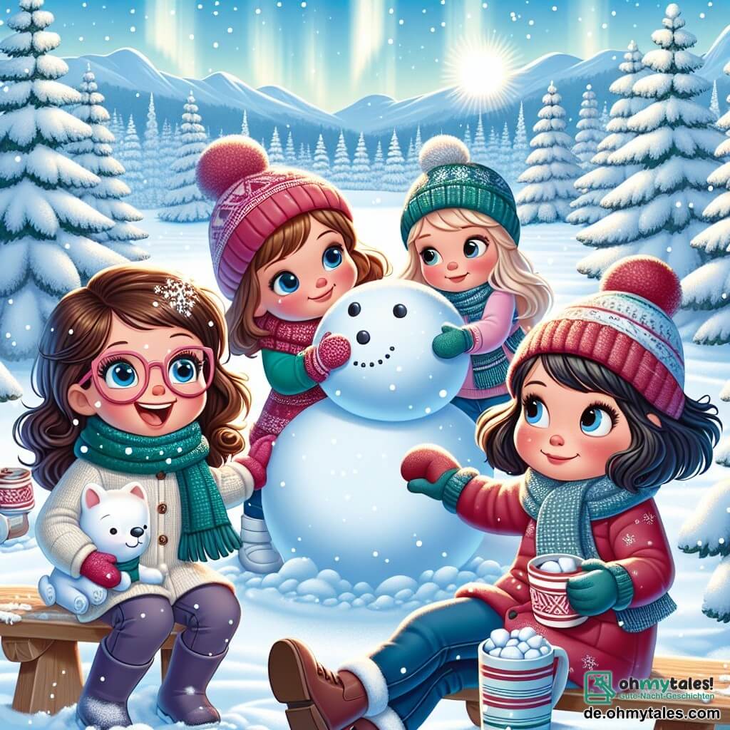 Vier neunjährige Mädchen, Mia, Leni, Sara und Emma, sind in einer zauberhaften Winterlandschaft versammelt. Mia, mit braunen Haaren und Brille, lächelt fröhlich und hält eine große Schneeball. Leni, mit lockigem blonden Haar, rollt einen weiteren großen Schneemann, ihr Gesicht strahlt vor Aufregung. Sara, mit kastanienbraunen Haaren und einem roten Schal, beobachtet aufmerksam und ist bereit, Steine für die Augen hinzuzufügen. Emma, mit glatten schwarzen Haaren, sitzt auf einer Holzbank und trinkt heiße Schokolade, ihre Wangen sind vom Kälte gerötet. Die Kulisse ist eine wunderschöne Winterlandschaft: majestätische Tannen, bedeckt mit funkelndem Schnee, erheben sich um sie herum, während der klare blaue Himmel am Horizont rosa gefärbt ist. Sanfte Schneeflocken fallen und schaffen eine magische Atmosphäre. Die Mädchen bauen einen Schneemann, lachen und haben Spaß zusammen, während eine Nordlichter den Himmel erleuchten und dieser fröhlichen Winterszene einen Hauch von Magie verleihen.