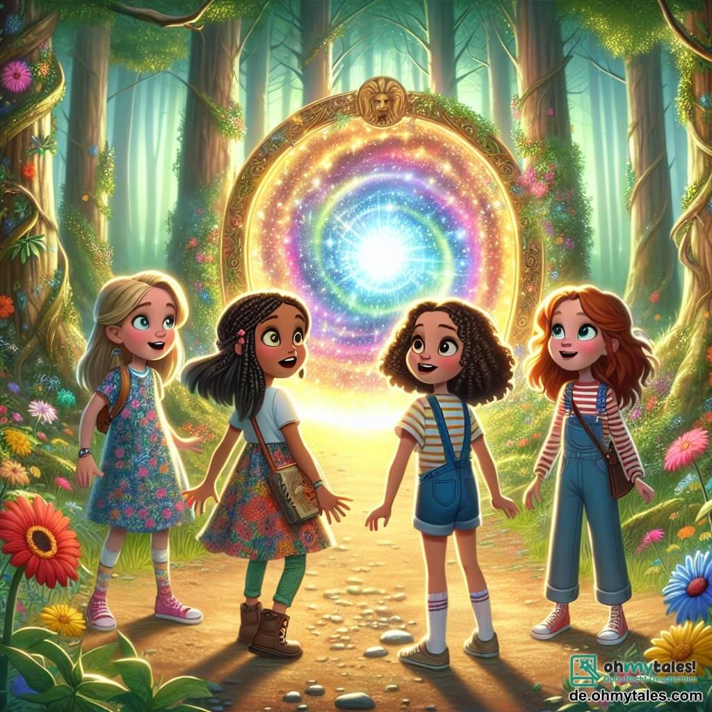 Vier Mädchen im Alter von 10 bis 11 Jahren stehen vor einem funkelnden magischen Portal in einem verwunschenen Wald. Mia, ein Mädchen mit lockigem braunem Haar, trägt ein buntes Kleid und schaut mit weit aufgerissenen Augen voller Aufregung auf das Portal. Leni, ein Mädchen mit geflochtenem blonden Haar, beugt sich neugierig vor, mit einem schelmischen Lächeln und einem kleinen Notizbuch in der Hand. Sara, ein Mädchen mit glattem kastanienbraunem Haar, trägt ein gestreiftes T-Shirt und sieht ein wenig nervös aus, während sie leicht zurückhaltend mit verschränkten Armen steht. Emma, ein Mädchen mit lockigem rotem Haar, springt vor Freude in ihrer Latzhose, mit einem breiten Lächeln im Gesicht. Der Ort ist ein dichter Wald mit majestätischen Bäumen und leuchtend grünen Blättern. Sonnenstrahlen filtern durch das Blätterdach und beleuchten den Boden, der mit bunten Blumen und funkelnden kleinen Steinen bedeckt ist. In der Mitte scheint das Portal, ein Wirbel aus Licht und Farben, vor Energie zu vibrieren und zieht die Mädchen in das Unbekannte. Die Hauptsituation zeigt die vier Freundinnen, die bereit sind, in das magische Portal zu springen, ihre Gesichter erleuchtet von Aufregung und dem Abenteuer, das sie in der Zeit erwartet.
