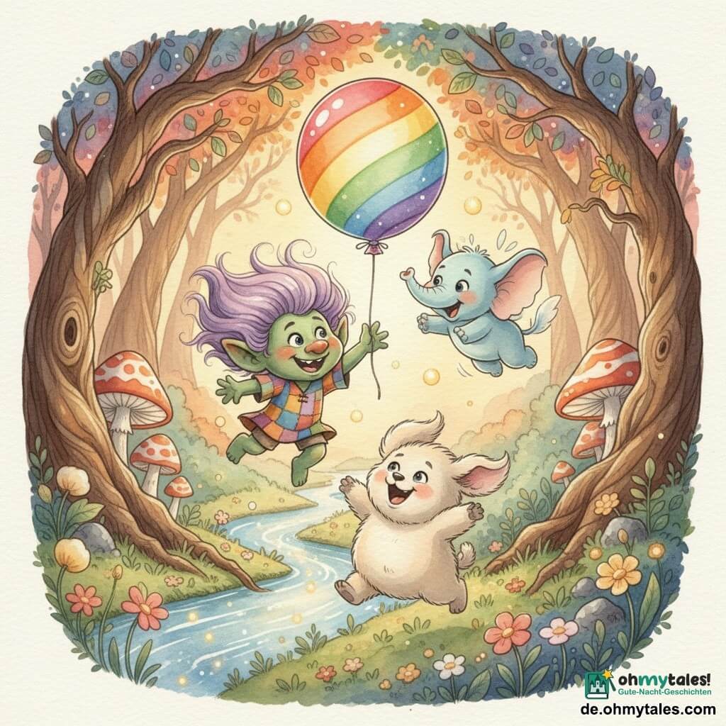 Der kleine Troll Zog, fröhlich und schelmisch mit zarter grüner Haut, violetten Locken und bunter Patchworktunika, springt nach einem großen Regenbogenballon; rechts hilft Flitzi, ein blassblaues fliegendes Elefantenkind mit durchsichtigen Flügeln, indem es darüber mit den Flügeln schlägt, und vor ihnen hüpft der cremefarbene, plüschige Wuffel bellend dem Ballon entgegen; die Szene spielt im Farbenwald mit verdrehten Bäumen und bunten Blättern, gestreiften Riesenpilzen, funkelndem Bach, Glühwürmchen und leuchtenden Blumen, dynamische Komposition bei warmem Spätnachmittagslicht in lebendigen, aquarelligen Tönen mit feinen weißen Kontur- und Lichtakzenten.