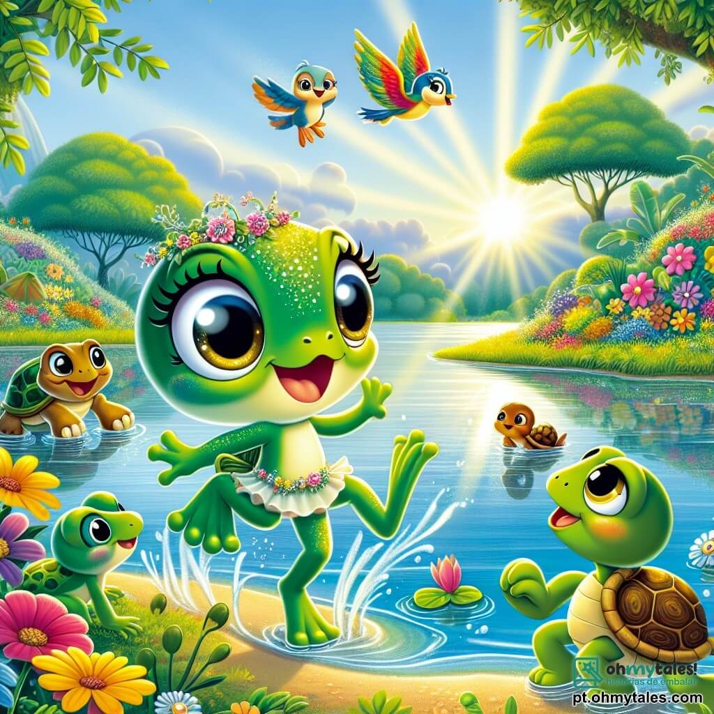 Uma pequena rã chamada Lili, com pele verde brilhante e grandes olhos redondos e curiosos, salta alegremente perto de uma linda lagoa, com um sorriso radiante no rosto. Ao seu lado, um sapo chamado Zé, com pele marrom e manchas amarelas, observa Lili com um olhar intrigado, pronto para saltar. Um pouco mais adiante, uma tartaruga chamada Tita, com uma carapaça verde e olhos travessos, se move lentamente, assistindo ao espetáculo com um sorriso divertido. Ao fundo, um pequeno pássaro colorido, Pipo, voa acima da cena, suas asas vibrantes adicionando um toque de cor ao céu azul. A cena acontece à beira de uma lagoa cercada por flores brilhantes e grandes árvores, onde o sol brilha e os reflexos na água criam uma atmosfera mágica. Lili descobre uma caixa dourada flutuando na água, cheia de mistério e emoção, cercada por seus amigos que se aproximam com curiosidade.