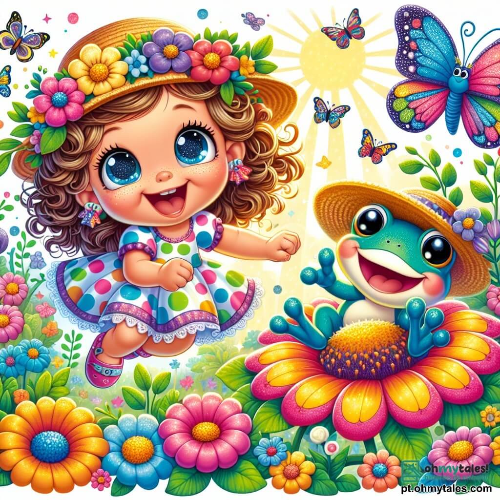 Uma menina de 4 anos, Lila, com grandes olhos brilhantes e cabelos cacheados, usa um vestido colorido de bolinhas e sorri radiante. Ela pula de alegria em um jardim mágico, cercada por flores multicoloridas que exalam fumaça colorida. Ao seu lado, o Sapo Zé, um sapo azul com grandes olhos redondos e óculos, usa um chapéu de palha e ri enquanto salta sobre uma flor, provocando uma explosão de cores. A cena acontece em um jardim encantado, repleto de flores gigantes com pétalas vibrantes, borboletas dançantes e uma suave luz dourada que ilumina tudo. Lila e o Sapo Zé se divertem pulando em flores mágicas, criando uma festa de cores e risos, enquanto uma grande borboleta colorida, Bia, se junta a eles, acrescentando ainda mais magia ao momento.
