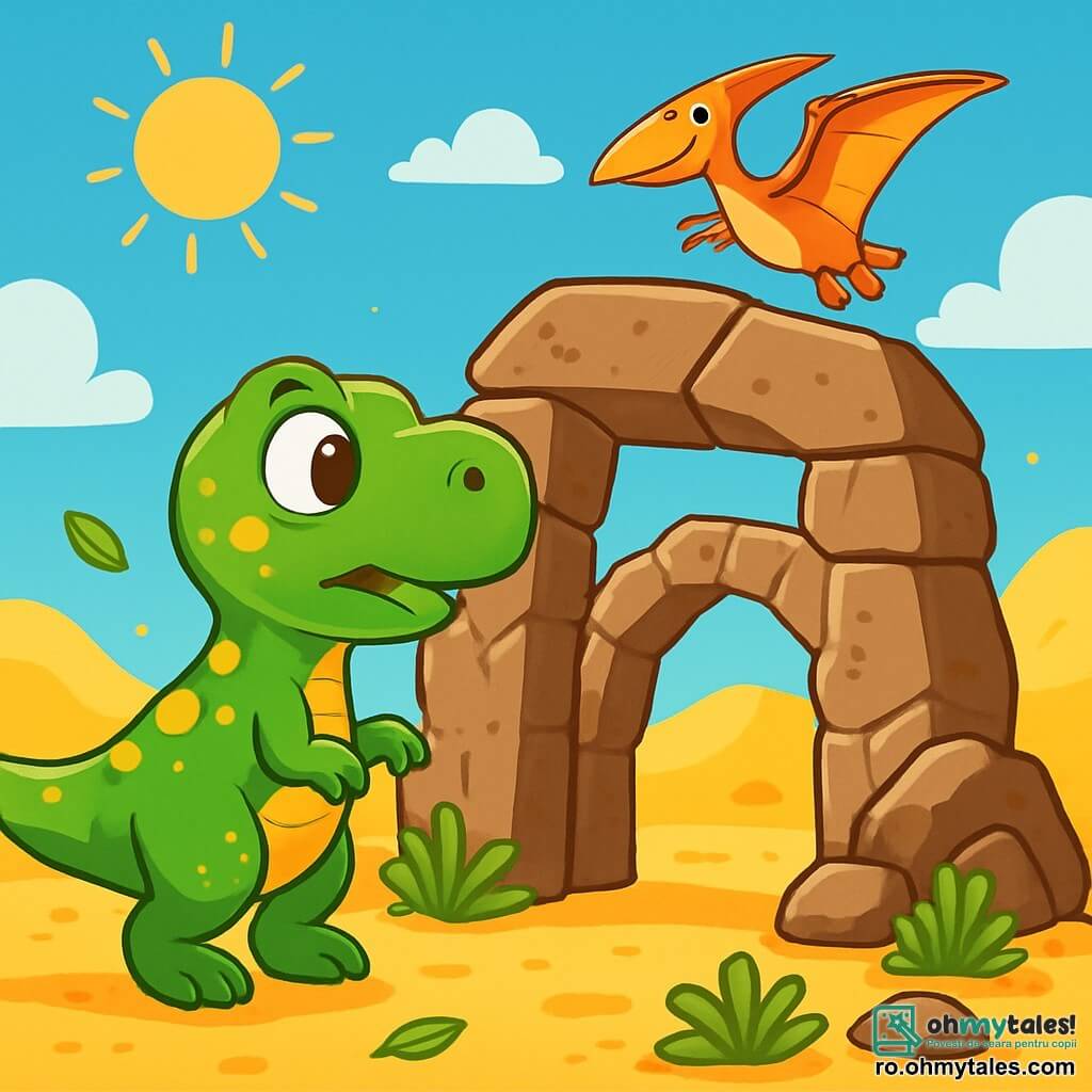 Un Tyrannosaurus Rex drăguț și curios, cu pielea verde și pete galbene, stă în fața unei mari porți de piatră, cu ochii mari de uimire. Corpul său mic este ușor înclinat înainte, ca și cum ar fi pe cale să facă un pas înainte. Aproape, un pterodactil cu aripi colorate zboară pe cerul albastru, observând scena cu curiozitate. Decorul este un deșert de dune aurii, presărat cu ferigi verzi și stânci aspre, sub un soare strălucitor. Tiro, Tyrannosaurus, ezită să treacă prin poarta misterioasă, întrebându-se ce se ascunde dincolo, în timp ce vântul ușor face să danseze frunzele din jurul său.