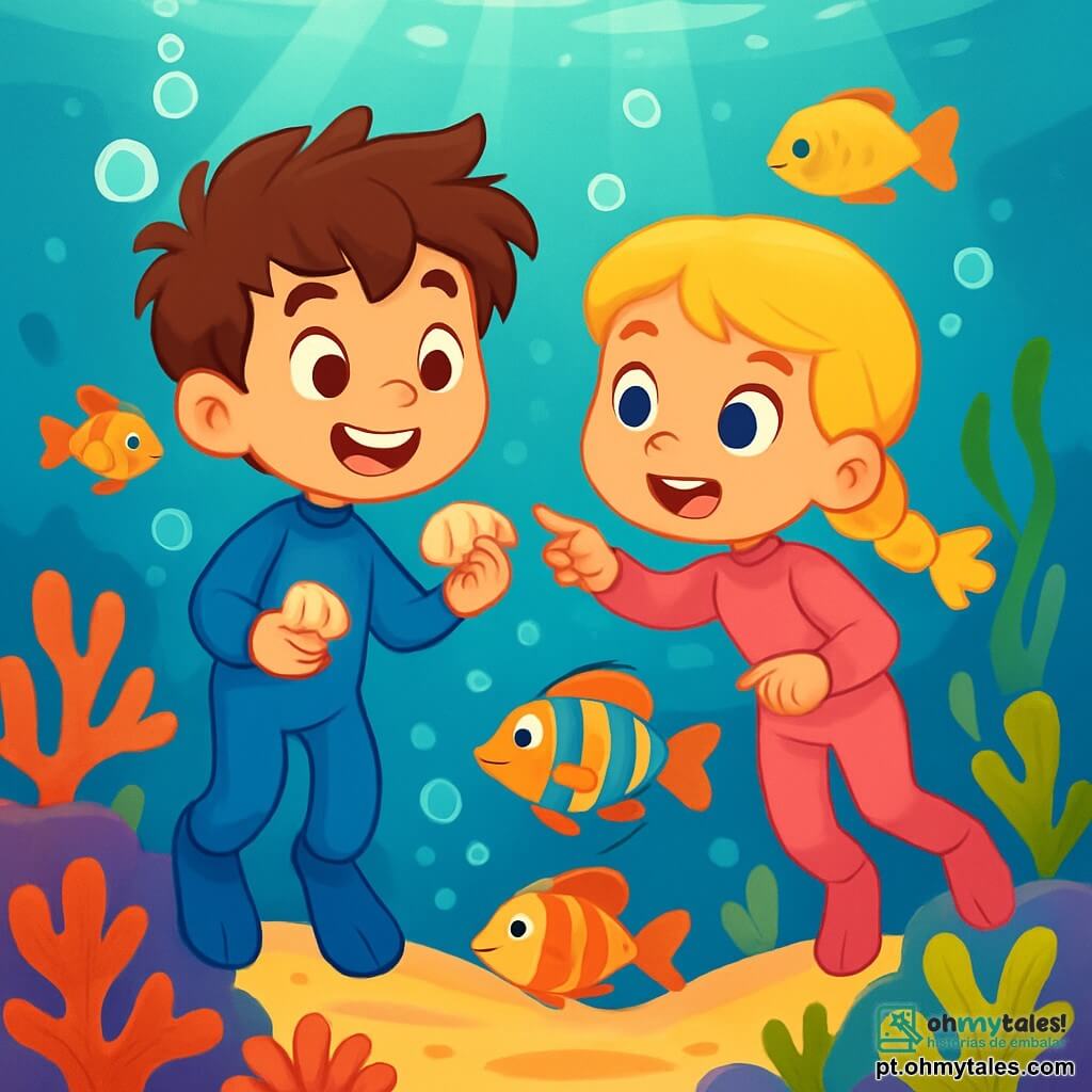 Há 2 personagens principais: Léo, um menino de 7 anos com cabelos castanhos bagunçados, vestindo um traje de mergulho azul, sorrindo e segurando uma concha na mão, olhando ao redor com admiração; e Sofia, uma menina de 7 anos com cabelos loiros trançados, usando um traje de mergulho rosa, apontando para um peixe colorido que nada perto deles, com os olhos brilhando de curiosidade. O cenário é uma piscina natural subaquática, cercada por corais coloridos e peixes exóticos. Bolhas de ar flutuam ao redor e a luz do sol filtra pela água, criando reflexos cintilantes na areia dourada do fundo. A situação principal mostra Léo e Sofia maravilhados, descobrindo um mundo subaquático mágico, rodeados por criaturas marinhas amigáveis, prontos para começar sua aventura em busca do tesouro do Reino Submarino.