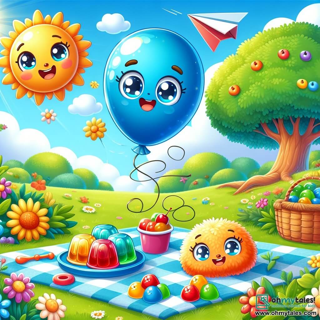 An illustration depicts a smiling blue balloon joyfully floating in the air, with sparkling eyes and a bright smile. It is surrounded by vibrant colors and appears very excited, ready to celebrate a special occasion. Next to it, a round, puffy red balloon with gentle eyes and a warm smile looks at its son with pride and affection, slightly leaning towards the blue balloon to show its love. A little further away, a small paper airplane with colorful wings and a happy face flies around them, adding a dynamic touch to the scene. The main setting is a sunny park filled with lush greenery, colorful flowers, and a large tree where a huge "Happy Father's Day" sign is gently swaying in the wind. Families sit on picnic blankets, laughing and sharing joyful moments. The main situation shows the blue balloon and its father celebrating Father's Day with games, laughter, and treats, surrounded by friends in a festive and joyful atmosphere. Colorful jelly cups are arranged on a tablecloth, and snail race games are happening nearby, adding to the excitement of the day.