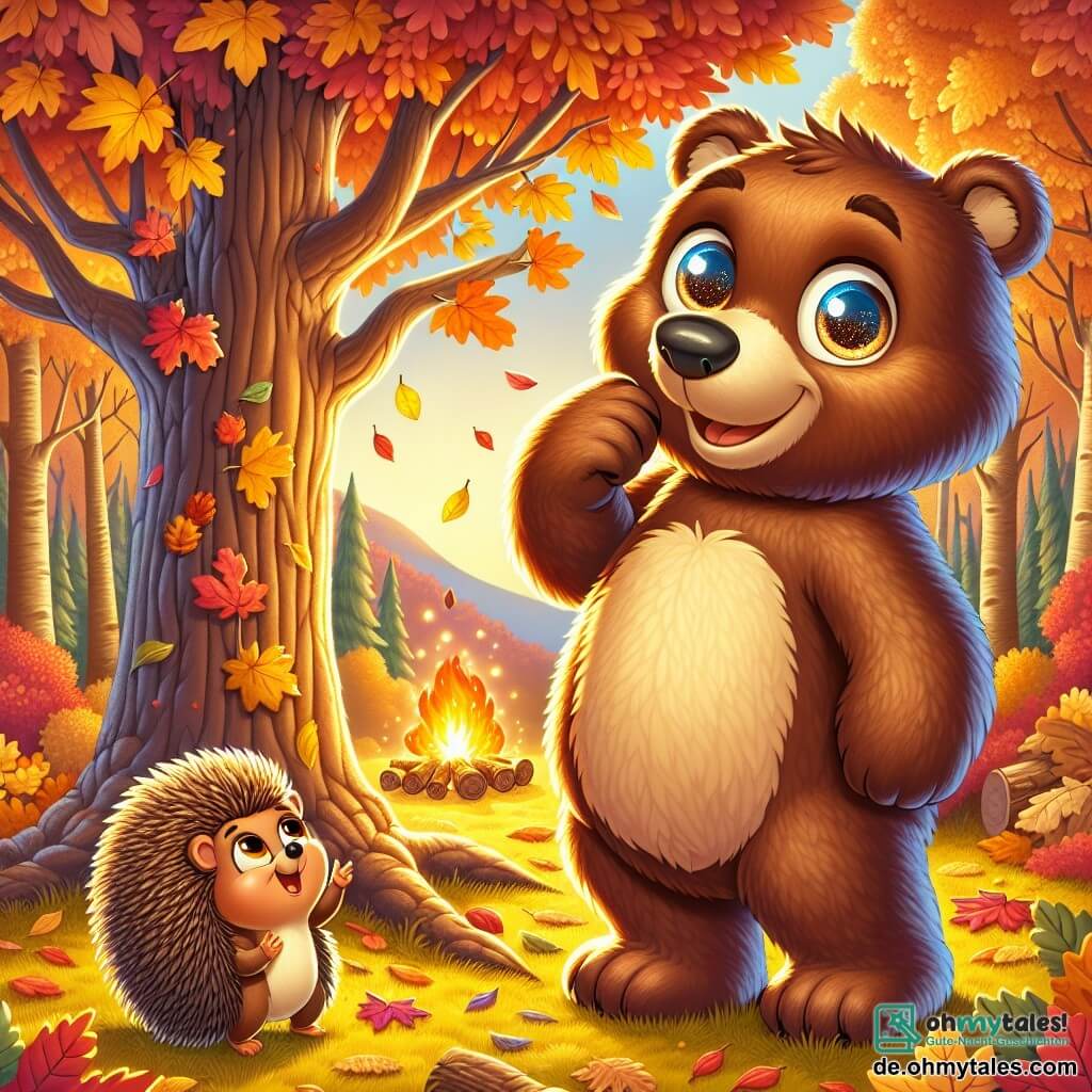 Ein großer brauner Bär mit neugierigen, funkelnden Augen und einem warmen Lächeln steht inmitten eines herbstlichen Waldes, umgeben von goldenen und roten Blättern, die sanft um ihn herum fallen. Er schaut mit Staunen auf eine majestätische Eiche, deren Äste mit leuchtenden Farben beladen sind. Neben ihm ist ein kleiner Igel mit weichen, runden Stacheln und strahlenden Augen, der fröhlich bunte Blätter aufsammelt und dabei lächelt und lacht. Der Boden ist mit einem Teppich aus knusprigen Blättern bedeckt, und die Sonnenstrahlen filtern durch die Äste, wodurch ein Spiel aus Schatten und goldenem Licht entsteht. Die Hauptsituation zeigt den Bären und den Igel, die einen Moment der Entdeckung und Freude teilen und die Schönheit der Natur im Herbst bewundern, während sie sich darauf vorbereiten, Geschichten am nahegelegenen knisternden Lagerfeuer zu erzählen.
