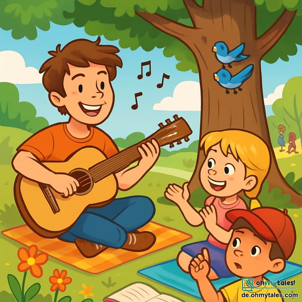 Ein Mann namens Lukas mit zerzausten braunen Haaren und funkelnden Augen spielt Gitarre unter einem großen Baum. Sein strahlendes Lächeln zeigt seine Begeisterung und Leidenschaft für die Musik. Um ihn herum sitzen mehrere Kinder auf bunten Decken. Ein 8-jähriges Mädchen mit langen blonden Zöpfen und leuchtenden Augen klatscht im Takt. Ein 7-jähriger Junge mit einer roten Mütze und einem neugierigen Gesicht hebt die Hand, um eine Frage zu stellen, und schaut Lukas bewundernd an. Der Ort ist ein sonniger Park, voller Grün mit bunten Blumen, die im Wind tanzen. Familien spazieren im Hintergrund, und Vögel singen in den Bäumen. Die Hauptsituation zeigt Lukas, der den Kindern beibringt, wie man gemeinsam ein Lied kreiert, während alle von der Magie der Musik gefesselt sind und fröhliche Lächeln und Lachen teilen.