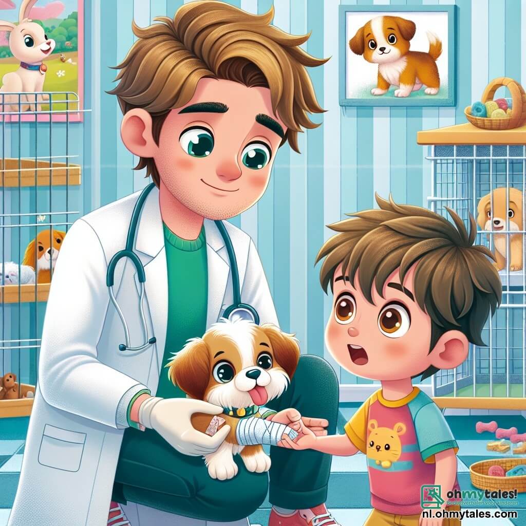 Een mannelijke dierenarts, genaamd Tom, met een glimlach en een vriendelijke uitstraling, heeft rommelig bruin haar en draagt een witte labjas. Hij is geknield naast een kleine puppy genaamd Buddy. Tom heeft sprankelende ogen van vreugde en een zachte uitdrukking, terwijl hij in de ene hand een verband houdt en in de andere een klein snoepje, klaar om de puppy te troosten. Naast hem kijkt een jonge jongen genaamd Max, ongeveer 8 jaar oud, met rommelig blond haar en een kleurrijk T-shirt, vol verwondering. Hij leunt naar voren en steekt zijn hand uit naar Buddy om hem het koekje te geven, zijn gezicht verlicht door een grote glimlach. De scène speelt zich af in een lichte en uitnodigende dierenkliniek, met pastelgekleurde muren, schattige dierenposters en speelgoed voor dieren verspreid over de vloer. Transparante kooien met nieuwsgierige dieren zijn zichtbaar op de achtergrond, wat bijdraagt aan de warme sfeer. De hoofdscène toont Tom die Buddy, de gewonde puppy, verzorgt terwijl hij aan Max uitlegt hoe hij voor dieren moet zorgen, wat een moment van delen en leren creëert tussen de dierenarts en de jonge jongen.
