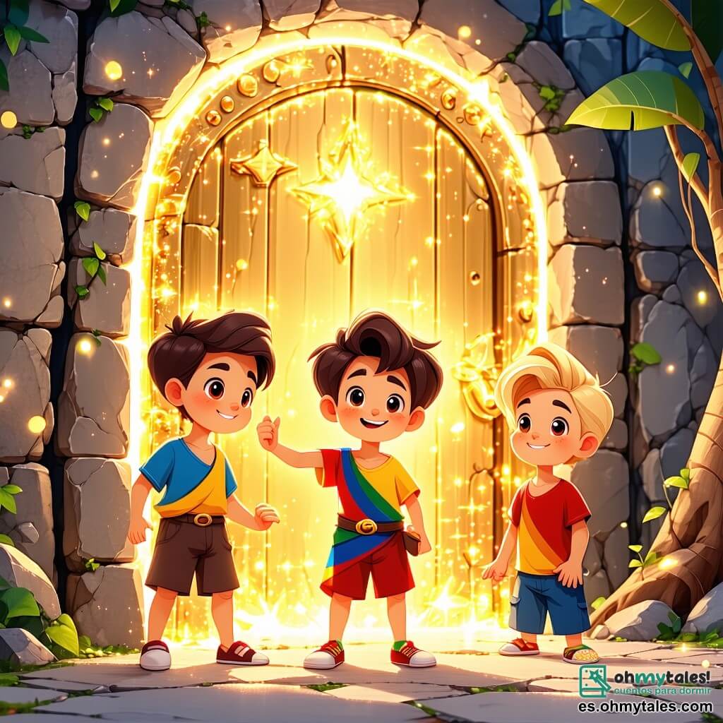 El Petit Poucet, un niño de cabello castaño y ojos llenos de curiosidad, se encuentra frente a una puerta dorada brillante, con una gran sonrisa en su rostro. Lleva una túnica colorida y pantalones cortos, y parece listo para entrar en un mundo mágico. A su lado, sus dos hermanos, uno de 8 años con cabello rubio y mirada decidida, y el otro de 6 años, con rizos marrones y expresión asombrada, miran la puerta con emoción. Están vestidos con ropa simple pero colorida, tomados de la mano, unidos en su aventura. El lugar es un bosque encantado, donde los árboles son de cristal brillante y flores multicolores crecen en cada rincón. Rayos de luz atraviesan el follaje, creando patrones luminosos en el suelo, mientras un arroyo de aguas brillantes serpentea por el paisaje. La situación principal muestra al Petit Poucet y sus hermanos, listos para cruzar la puerta dorada que los llevará a una tierra mágica, llena de animales parlantes y maravillas, simbolizando el inicio de su gran aventura para salvar el mundo de cristal.