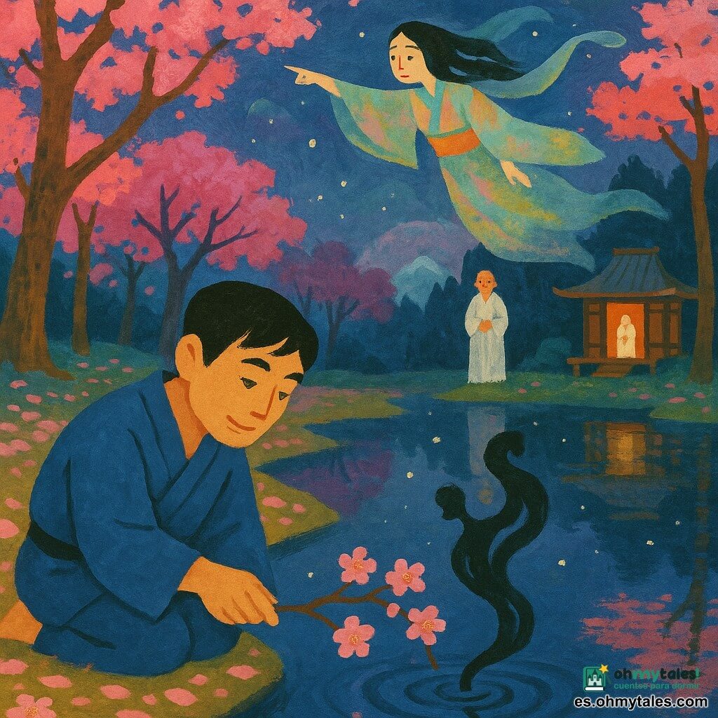 Un hombre llamado Haruki de rostro suave y mirada concentrada sonríe levemente mientras sumerge una pequeña rama de cerezo en flor en el lago; un anciano en kimono blanco observa desde el borde del templo al fondo con las manos juntas y mirada benigna; un espíritu del bosque no humano, translúcido y con kimono colorido, flota sobre el lago señalando con el brazo y con velos como washi; claro de bosque japonés al crepúsculo, suelo cubierto de pétalos rosas, cerezos en flor, lago espejo que refleja las estrellas y un pequeño templo de madera a lo lejos; la rama toca la superficie y una sombra negra en forma de bailarín asciende como humo, con movimientos fluidos y pequeñas ondas alrededor de la rama.