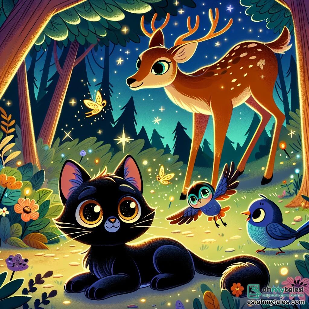 Un gato negro llamado Félix, con un pelaje brillante y ojos centelleantes como estrellas, se encuentra en el centro de la escena, mostrando una expresión de determinación y asombro. Está rodeado de animales del Bosque Encantado, incluyendo un majestuoso ciervo llamado Cedro, con un pelaje marrón dorado y cuernos elegantes, que mira a Félix con admiración, y una ardilla traviesa, con ojos chispeantes, que salta alegremente a su lado. El escenario es un claro encantado, bañado por la luz de la luna, donde árboles con hojas brillantes se inclinan suavemente, creando una atmósfera mágica. Flores coloridas y luciérnagas bailan a su alrededor, añadiendo belleza al lugar. La situación principal muestra a Félix, Cedro y la ardilla unidos, listos para partir en una aventura en busca de la misteriosa Fuente de la Luz, simbolizando la amistad y el coraje ante lo desconocido.