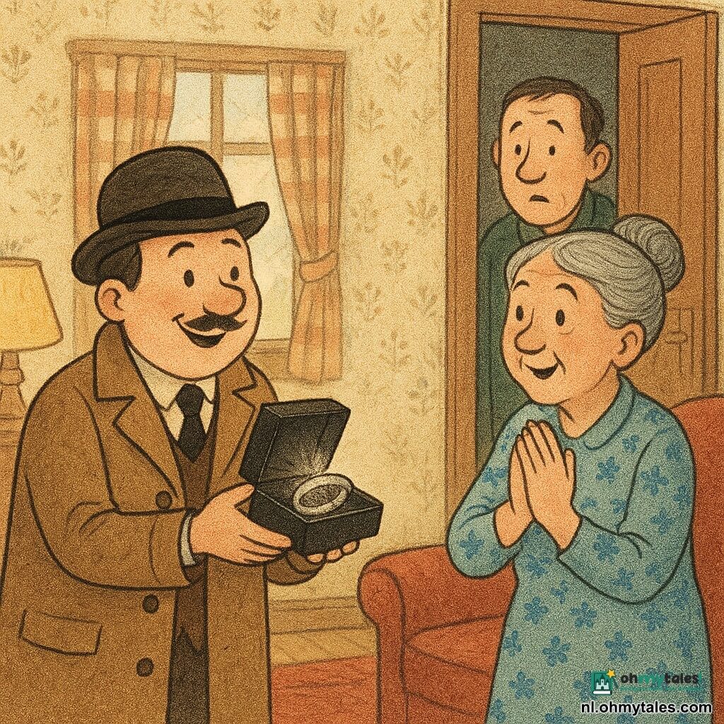 Een glimlachende detective (Tom), rond gezicht en fijne snor, in lichtbruin mantel en scheef bolhoed, houdt een open doos met een zacht glanzende zilveren armband. Mevrouw Jansen, circa 60, grijs haar in een knot, lichtblauwe bloemenjurk, verwelkomt hem verbaasd en blij met handen bij het hart, links bij een fauteuil. Meneer De Vries, circa 50, verlegen buurman met licht rood gezicht en donkergroene trui, staat schuchter achter een open deur rechts. Gezellig, licht ouderwets woonkamerinterieur: crème behang, versleten rood tapijt, gele lamp op houten tafel, ruiten met geruite gordijnen en ochtendlicht. Krappe compositie, close-ups, zachte contrasten tussen warme tonen en het zilver van de armband; grafische stijl met licht getextureerde lijnen en licht vervaagde kleuren.