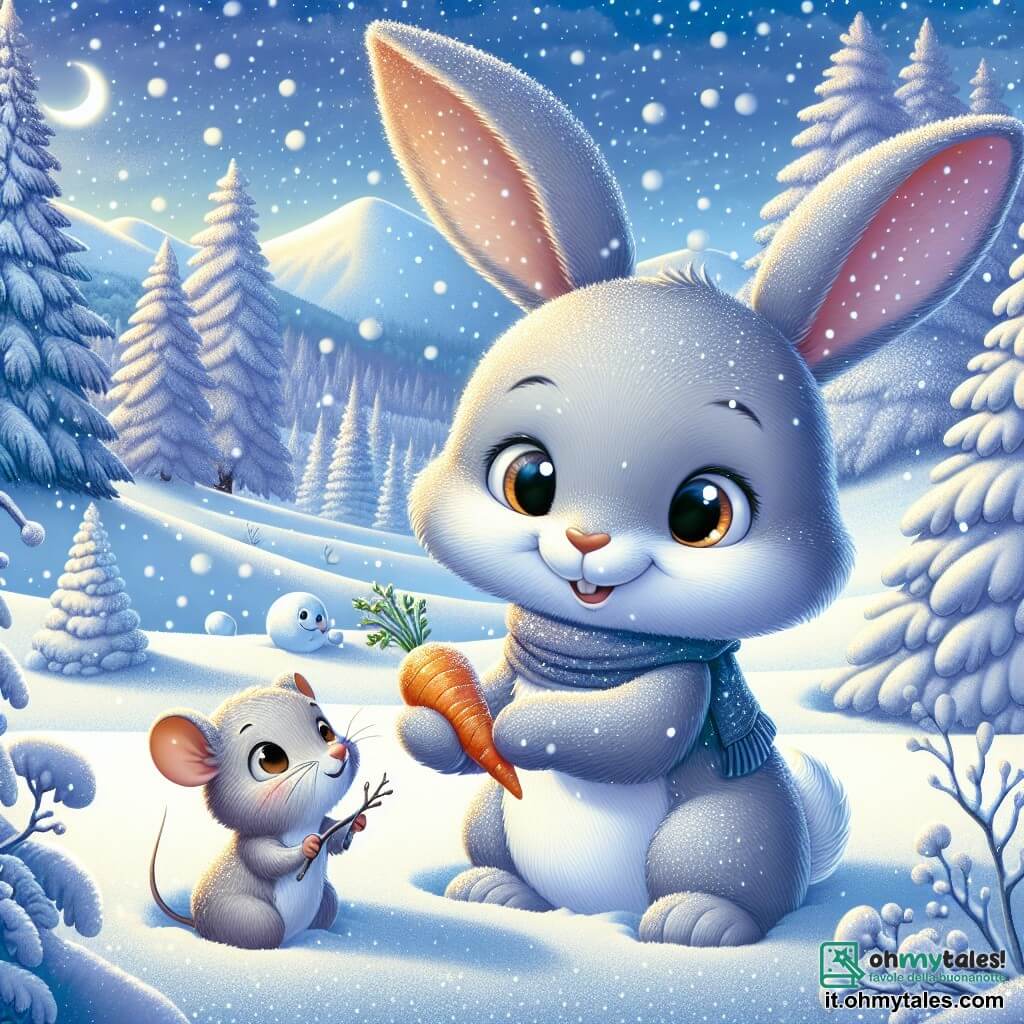 Un giovane coniglio grigio di nome Lino, con grandi orecchie e occhi scintillanti di curiosità, è al centro dell'immagine, sorridente mentre tiene una carota tra le zampe. È circondato da fiocchi di neve che cadono dolcemente, aggiungendo un tocco magico alla scena. Alla sua destra, Tino, un piccolo topo dal pelo marrone chiaro, trema leggermente dal freddo ma mostra un sorriso riconoscente. Tiene un rametto tra le zampe, simbolo del suo aiuto a Lino, e guarda il suo nuovo amico con ammirazione. Sullo sfondo, la foresta di Nevebianca è coperta da uno spesso manto di neve, con alberi maestosi le cui branche sono cariche di brina scintillante sotto la luce del sole invernale. Colline bianche si estendono a perdita d'occhio, creando un paesaggio incantevole. La scena rappresenta Lino e Tino che giocano insieme nella neve, costruendo un pupazzo di neve, mentre risate risuonano nell'aria fresca, illustrando lo spirito di amicizia e solidarietà in questa bella giornata d'inverno.