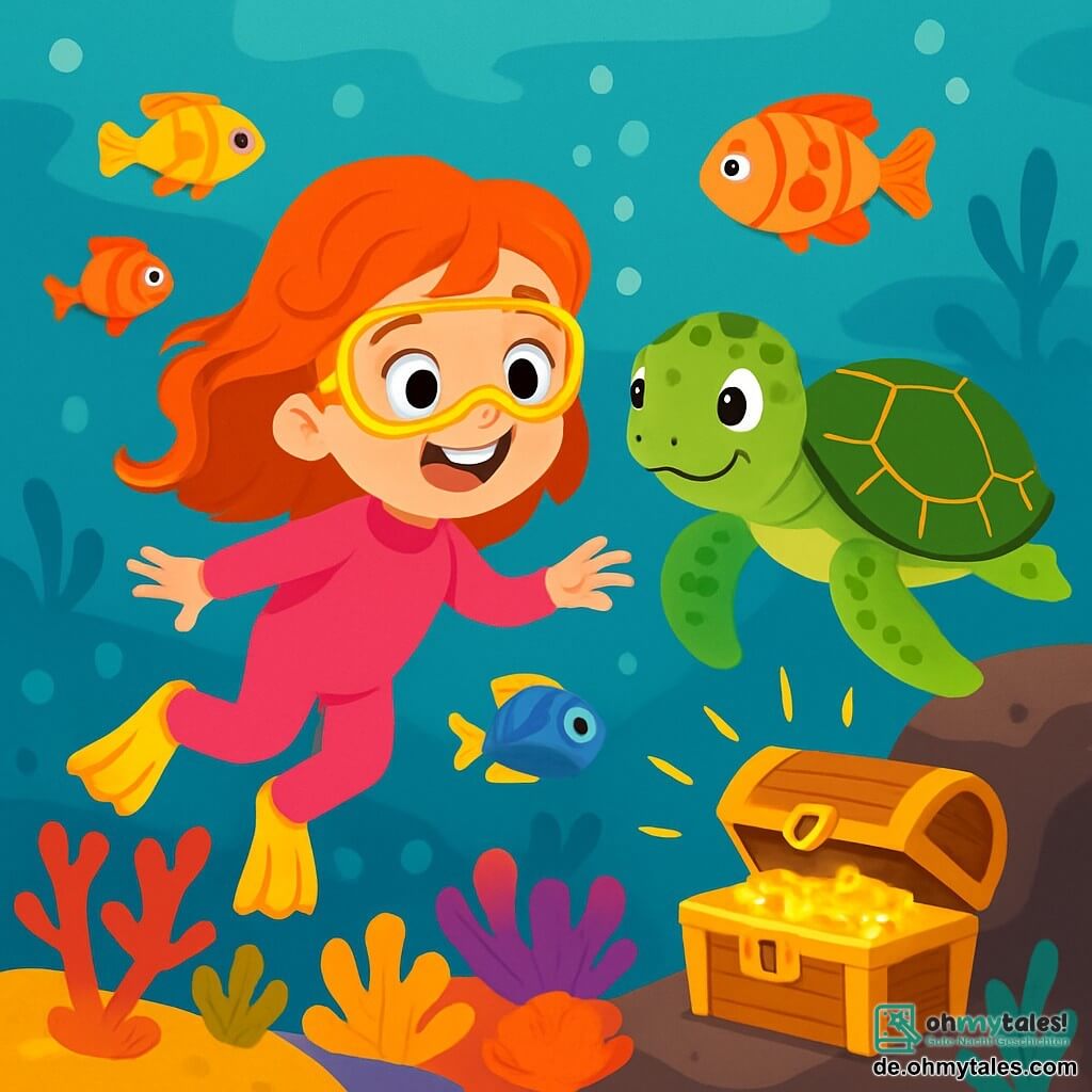Ein 6-jähriges Mädchen mit wunderschönen roten Haaren und neugierigen Augen schwimmt fröhlich unter Wasser in einem rosa Taucheranzug. Sie hat ein großes Lächeln im Gesicht, das ihre Begeisterung und Verwunderung über die Meereswunder zeigt. Neben ihr schwimmt eine große Meeresschildkröte namens Kora mit einem grünen Panzer, der mit goldenen Mustern verziert ist, langsam und schaut das Mädchen mit sanften, freundlichen Augen an. Der Hintergrund ist ein wunderschönes Korallenriff, gefüllt mit bunten Korallen in Rot-, Gelb- und Violetttönen sowie mit bunten Fischen, die um sie herumtanzen. Die Szene strahlt eine Atmosphäre von Magie und Abenteuer aus, während Lena und Kora gemeinsam die geheimnisvollen Tiefen des Ozeans erkunden und einen funkelnden Schatz entdecken, der hinter einem großen Felsen versteckt ist.