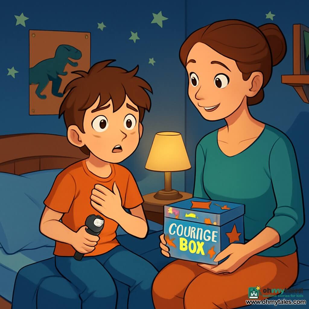 A 10-year-old boy, Noah, with messy brown hair and big curious eyes, is sitting on his bed, looking both anxious and determined. He holds a small flashlight in one hand, while the other rests on his heart, as if trying to calm its beating. Next to him, his mother, a woman in her thirties with brown hair tied in a bun and a soothing smile, sits on the edge of the bed holding a colorful bravery box. She looks at Noah tenderly, ready to encourage him. The room is decorated with dinosaur posters and books stacked on a shelf, with glow-in-the-dark stars stuck to the ceiling. The soft light of a bedside lamp illuminates the room, creating gentle shadows on the walls. The main situation shows Noah preparing to face his fear of darkness, surrounded by his bravery tools, while his mother offers support and love in this warm and reassuring atmosphere.