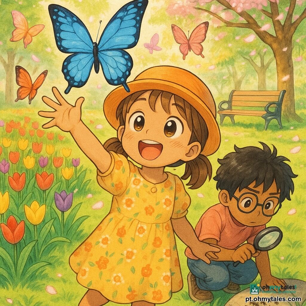 Menina de 8 anos, cabelo castanho em rabo de cavalo duplo, olhos grandes e brilhantes, sorrindo e maravilhada, com chapéu laranja e vestidinho floral, estende a mão para uma nuvem de grandes borboletas coloridas; à direita, um menino de cerca de 8 anos, Tomás, cabelo preto desgrenhado e óculos redondos, agachado, segura uma lupa e observa formigas numa pedra; parque de primavera luminoso com relva verde, canteiros de tulipas vermelhas, amarelas e roxas, árvores floridas com pétalas caindo e caminho de cascalho bege, raios de sol filtrando entre os ramos; cena de descoberta e encanto, paleta clara, contrastes suaves, texturas visíveis e estilo mangá infantil, atmosfera alegre e contemplativa.