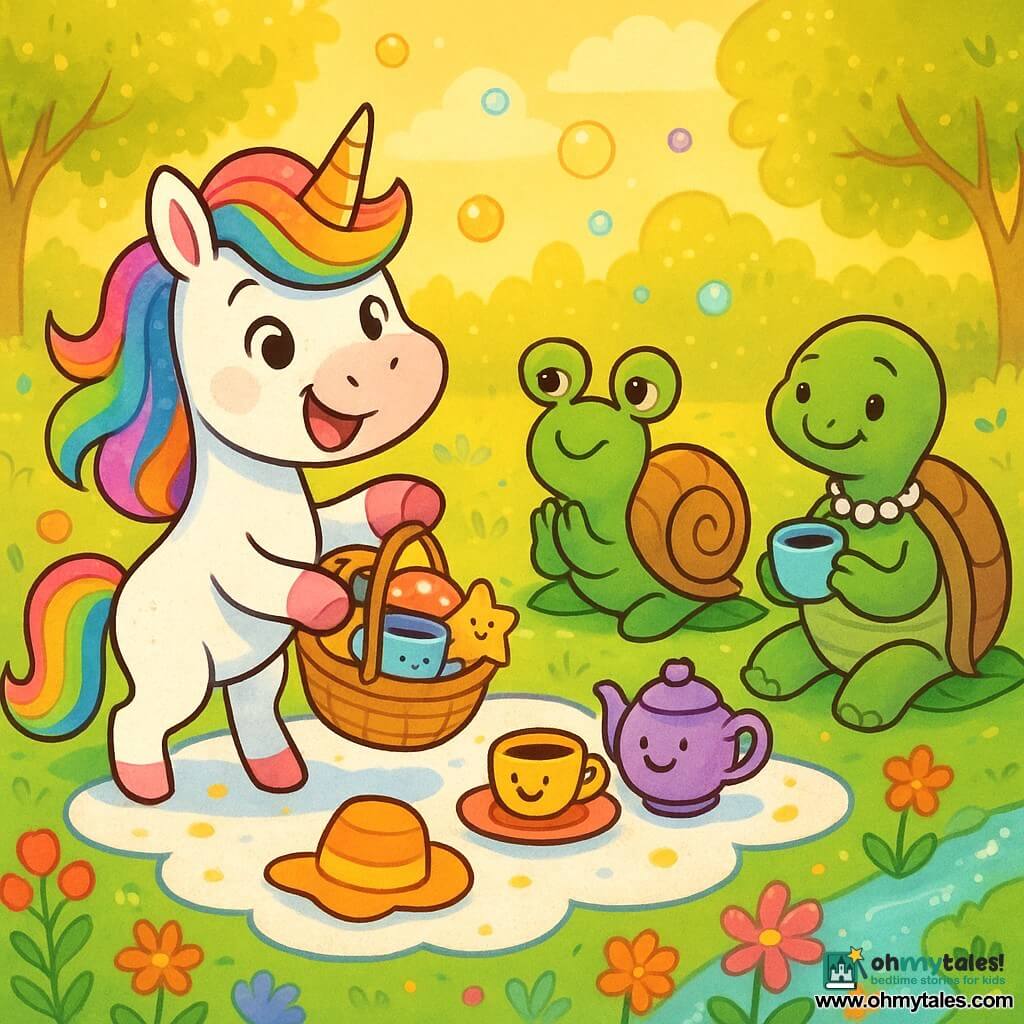 Puddle the unicorn is a sparkling creature with a rainbow mane and a mischievous smile. She has shimmering white fur and a small golden bell attached to her tail. She joyfully dances on a path of colorful flowers, holding a basket filled with strange items. Next to her, Mr. Snail, an elderly and wise snail wearing a monocle, sits on a leaf, watching Puddle with an amused expression. He is green with a striped shell and claps enthusiastically. Further away, Lady Turtle, an elegant turtle with pearls around her neck, smiles while holding a cup of tea, adding a touch of sophistication to the scene. The setting is an enchanted meadow bathed in golden light, with trees that have shimmering leaves and flowers dancing in the breeze. Colorful bubbles float in the air, and a sparkling stream winds through the landscape. The main scene shows Puddle organizing a joyful picnic with her friends, surrounded by laughter and bright colors. Funny items like a singing cup and a dancing hat are arranged on a cloud-like tablecloth, while Puddle's friends enjoy themselves and share moments of happiness.