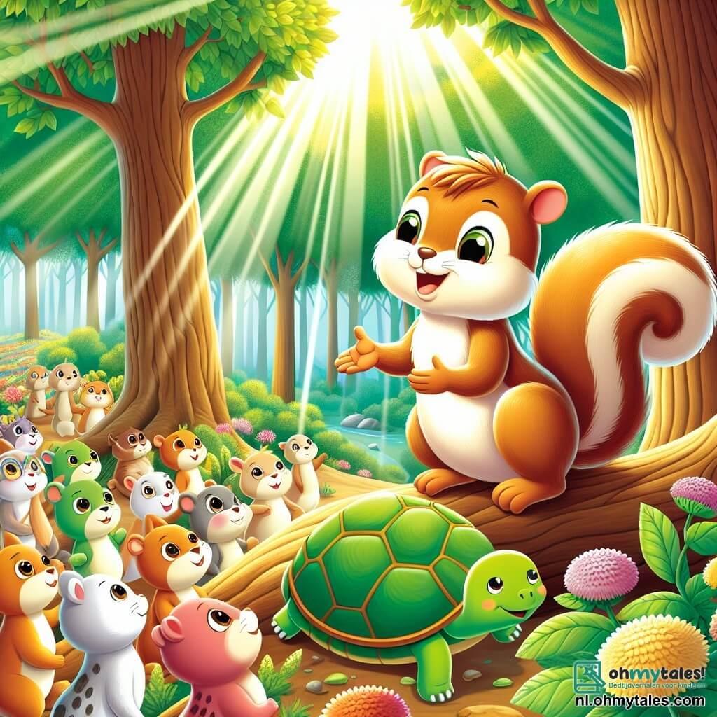 Een jonge eekhoorn met sprankelende ogen en een lichtbruine vacht, met een kleine, pluizige staart, staat op een tak en glimlacht enthousiast terwijl hij een groep dieren beneden observeert. Hij is vol nieuwsgierigheid en energie, klaar om zijn ontdekkingen te delen. Naast hem beweegt een schildpad met een groene, gladde schild, met wijze ogen en een vriendelijke glimlach, langzaam over de grond, terwijl ze rustig om zich heen kijkt. Ze praat met een groep dieren en deelt zachtjes haar kennis. De plek is een zonnige open plek in het hart van een weelderig bos, omringd door majestueuze bomen met glanzende bladeren, met kleurrijke bloemen die dansen in de wind. Zonnestralen filteren door de takken en creëren lichte patronen op de grond. De hoofd situatie toont de jonge eekhoorn en de schildpad die de andere dieren leren over het belang van diversiteit en samenwerking, terwijl ze zich organiseren om samen een schuilplaats te bouwen, wat de kracht van vriendschap en samenwerking illustreert.