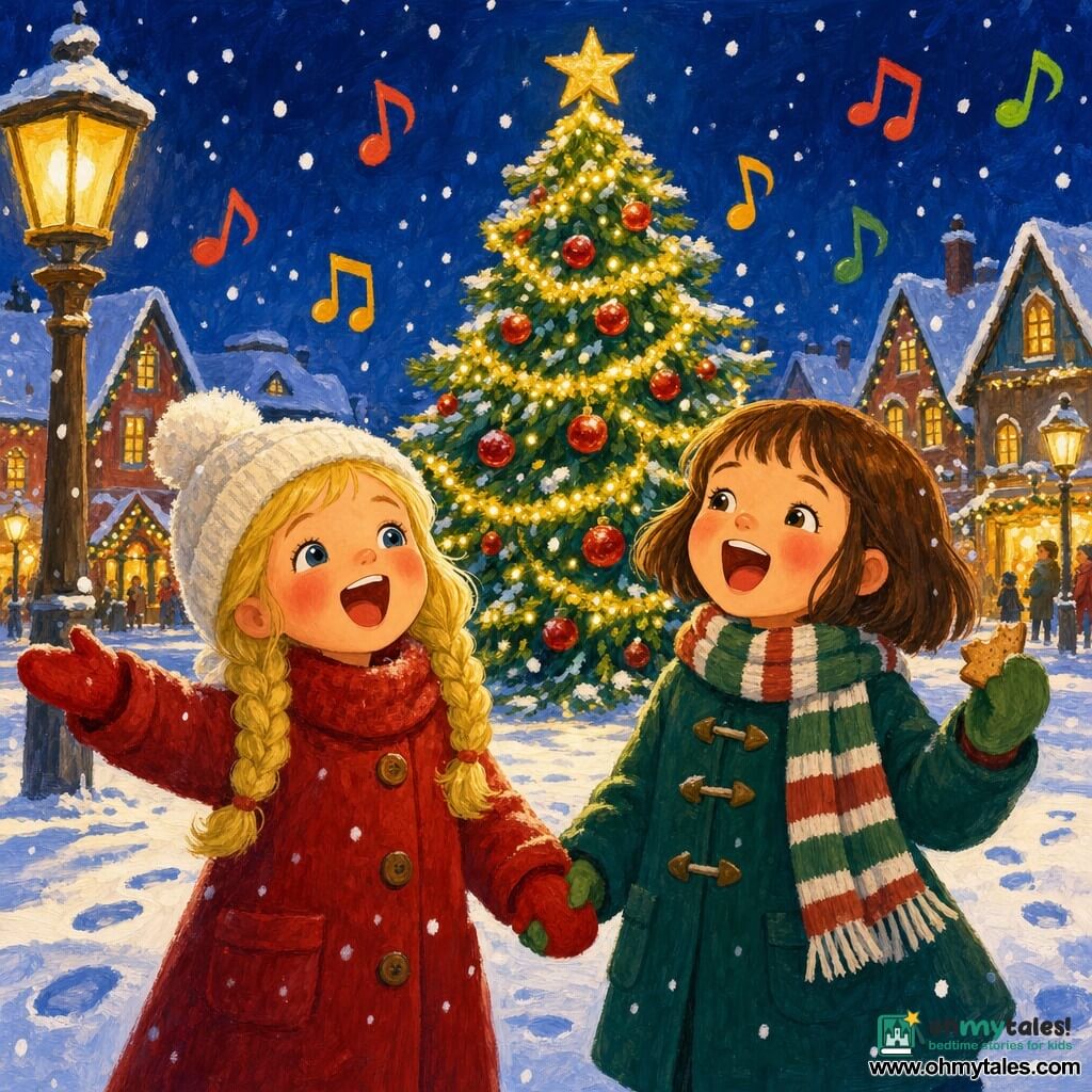 Two girls sing together in a snowy village square at night, holding hands in front of a large Christmas tree decorated with gold garlands, shiny red baubles and a star; Lucy, 6, with blonde hair in two braids, a red wool coat, white pompom hat, red gloves and rosy cheeks sings with her mouth open, standing right, and Mia, 7, with a brown bob, dark green coat, striped scarf, green gloves and a small half-biscuit in her left hand stands to Lucy's left; warm lampposts and lit windows glow around them, thick snow with footprints and falling flakes surround the scene, and golden light from the garlands illuminates their joyful faces as colored musical notes seem to float in the air.