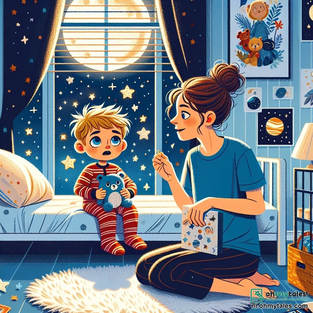 Een 2-jarig jongetje met rommelig blond haar en grote blauwe ogen zit op zijn bed met een bezorgde blik. Hij draagt een gestreepte pyjama in rood en wit en knuffelt zijn knuffel, terwijl hij angstig om zich heen kijkt. Zijn moeder, een vrouw van in de dertig met bruin haar in een knot en een troostende glimlach, zit naast hem. Ze draagt een blauwe t-shirt en comfortabele broek en spreekt zachtjes met hem, terwijl ze de sterren door het raam aanwijst. De scène speelt zich af in een kinderkamer met lichtblauwe muren, posters van planeten en sterren, en een zacht tapijt op de vloer. Het maanlicht valt door de gordijnen en creëert zachte schaduwen en een rustgevende sfeer. Het jongetje is een beetje bang voor de duisternis, maar zijn moeder laat hem de fonkelende sterren buiten zien en legt uit dat ze over hem waken, waardoor zijn angst verandert in verwondering.