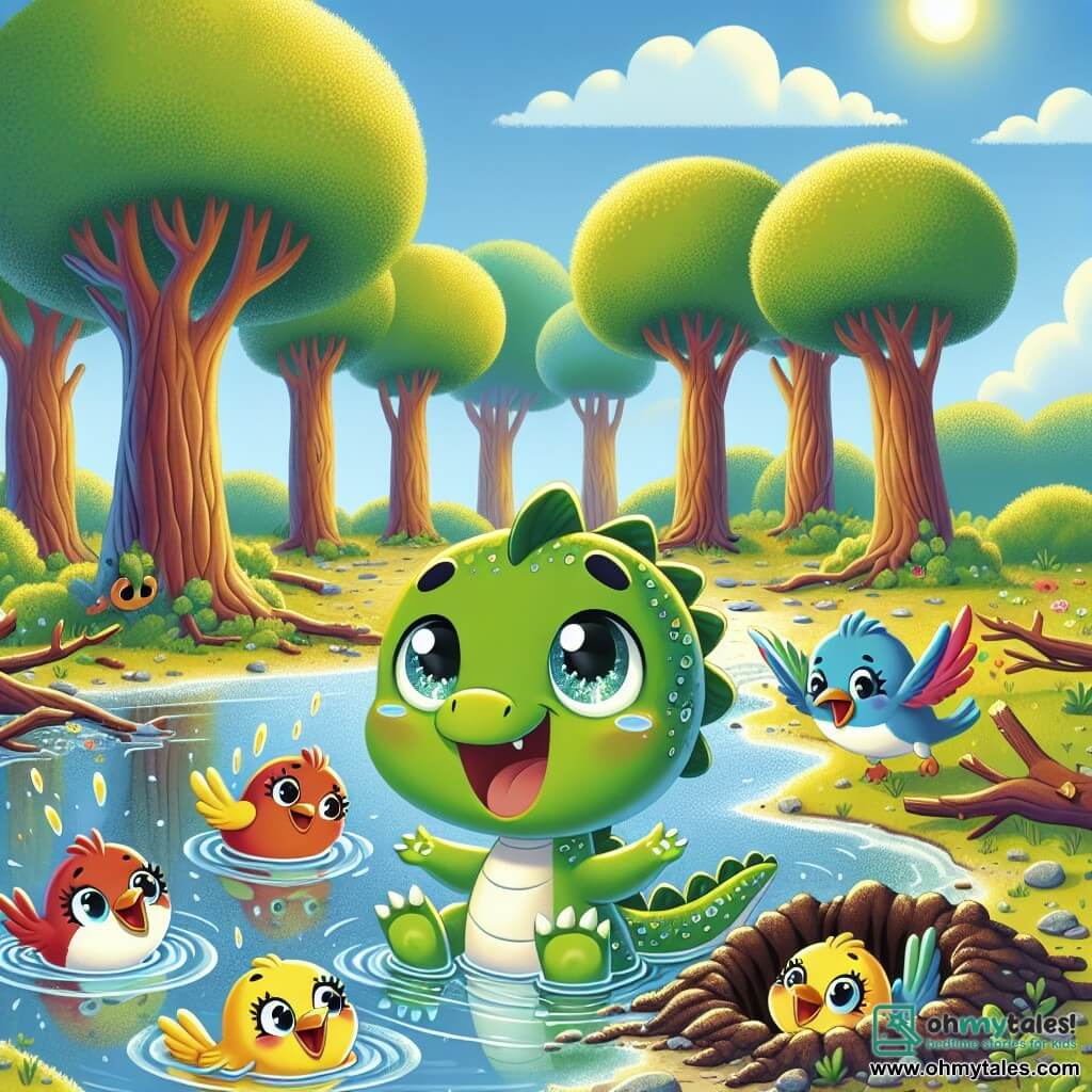 A small dragon named Drippy, with shiny green scales and sparkling curious eyes, stands joyfully at the edge of a shallow river, his wings slightly spread. He has a big smile on his face, showing his enthusiasm for helping nature. Next to him, a group of colorful birds with red, yellow, and blue feathers sing happily, their round eyes filled with hope. They fly around Drippy, encouraging him with joyful expressions. In the background, a lush forest with tall brown-trunked trees and vibrant green leaves stretches under a clear blue sky. The river sparkles in the sunlight, with a few fish jumping joyfully at the surface. The scene depicts Drippy and the birds planting young trees, digging holes in the fertile soil, with smiles on their faces, illustrating their determination to bring water and life back to the forest.