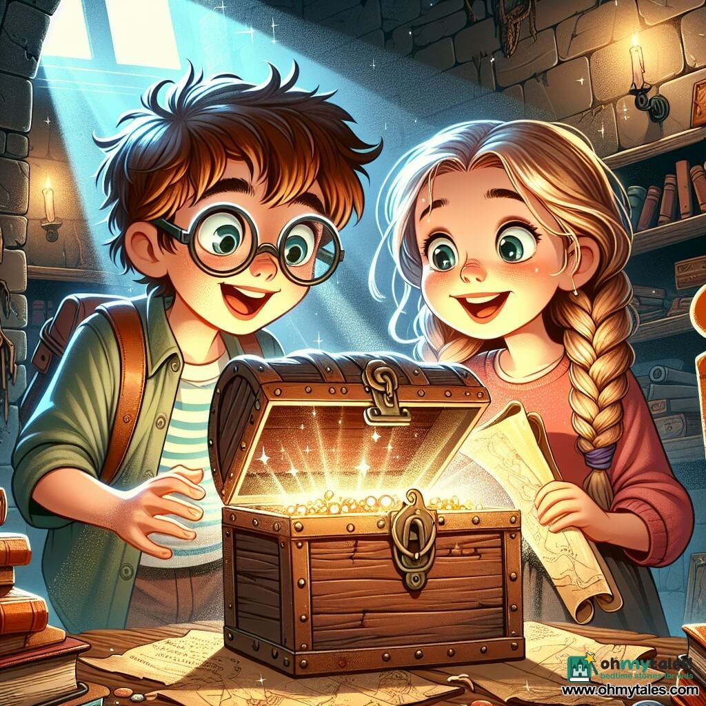A 10-year-old boy with messy brown hair and large round glasses looks wide-eyed and amazed at an old wooden chest, his face lit up with the excitement of discovery. Next to him, a 10-year-old girl with braided blonde hair and a shy smile holds an ancient map, her eyes sparkling with anticipation. They are in a dark, mysterious room with rough stone walls, filled with dusty old books and yellowed maps, with soft light filtering through a small window. In the center, an ancient chest is open, revealing sparkling treasures, while a sweet scent of oranges wafts through the air, adding a magical touch to the atmosphere. The scene shows the two children exploring and discovering hidden treasure, with expressions of surprise and joy on their faces, surrounded by ancient objects and mysteries to solve.