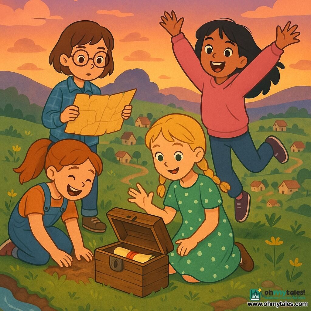 Four 10-year-old girls: Lily — blonde with braided hair in a green polka-dot dress, kneeling front-center with her hand lifting the lid of a small wooden chest; Mia — short brown hair, round glasses, blue plaid shirt, standing slightly left behind Lily, holding an aged yellowed map; Aria — long black hair, pink sweatshirt, jumping with arms raised to the right behind Lily, smiling with bright eyes; Zoe — red hair in a ponytail, denim overalls, crouched left of the chest, digging the soil with her hands and laughing. Setting: grassy hilltop at dusk with textured green grass, small yellow wildflowers, a view of a village below and a sparkling stream down the slope, orange-to-violet sky with pink clouds, soft warm light. Main action: the girls discover and open an old wooden chest buried in the ground to reveal a rolled parchment sealed with red wax; expressions of wonder and joy, warm adventurous mood, saturated colors, clean lines and simple shapes in a clear vector style for a children's book.