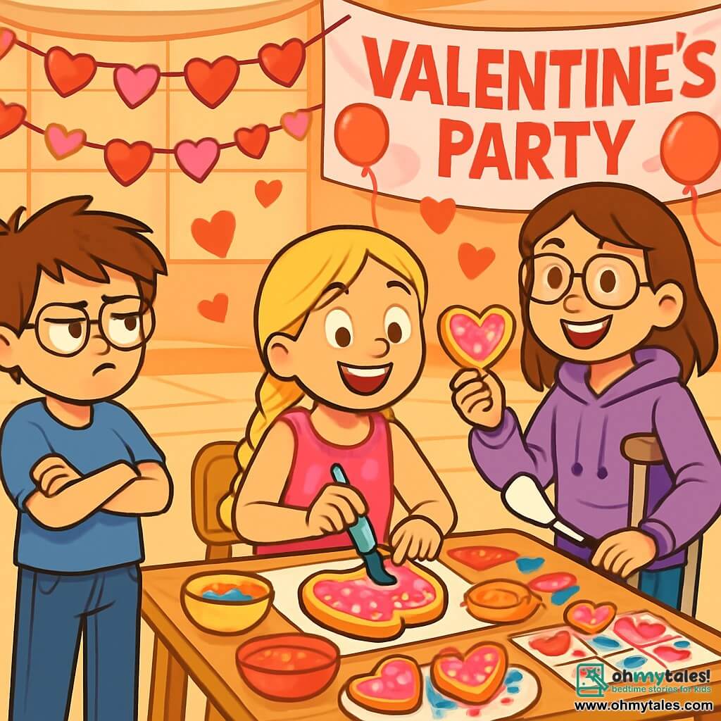 There are three characters: - Milo: a 10-year-old boy with messy brown hair and round glasses. He is wearing a blue t-shirt and jeans, standing with crossed arms and a pouty expression. - Lily: a 10-year-old girl with long braided blonde hair and a bright smile. She is wearing a pink dress with heart patterns and is sitting at a table, decorating a large heart-shaped cookie with colorful icing. - Emma: an 11-year-old girl with brown hair and glasses. She uses crutches and is wearing a purple hoodie. She is next to Lily, smiling, holding a decorated cookie in one hand and a spatula in the other. The setting is a gym decorated for Valentine's Day, with red and pink heart garlands hanging from the ceiling. Tables are covered with colorful candies, paper cards, and festive games. A large sign in the background reads "Valentine's Day Party" with floating balloons. The main scene shows Milo, Lily, and Emma actively decorating cookies for the celebration, surrounded by laughter and joy, with bright colors and paper hearts flying around them.