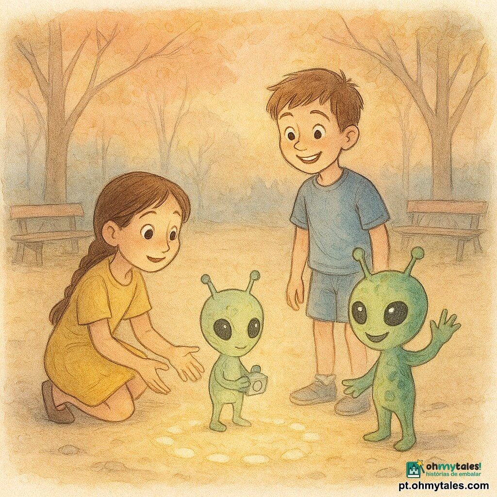 Há quatro personagens: Luísa, menina de ~9 anos, cabelos castanhos em trança, vestido amarelo, agachada à esquerda do círculo de luz com as mãos estendidas e rosto maravilhado; Rafa, menino de ~9 anos, cabelos castanhos curtos, camiseta azul e shorts, à direita de Luísa, recuado, sorrindo; Luno, pequeno extraterrestre de pele verde-pálida texturizada, grandes olhos negros brilhantes e antenas curtas, flutuando diante de Luísa com um aparelho luminoso; Zira, pequena extraterrestre de pele verde-escura com manchas turquesa e grande sorriso, à direita de Luno com a mão levantada em gesto amigável. Local: antiga praça de estacionamento ao entardecer, chão de areia dourada, alguns bancos de madeira ao fundo, árvores que filtram o pôr do sol laranja-rosado, pedras formando um padrão circular luminoso no centro. Situação: as crianças descobrem um círculo de luz no chão e encontram dois pequenos extraterrestres que emergem de um feixe luminoso; cena calma e acolhedora, cores suaves e atmosfera de curiosidade e encanto.