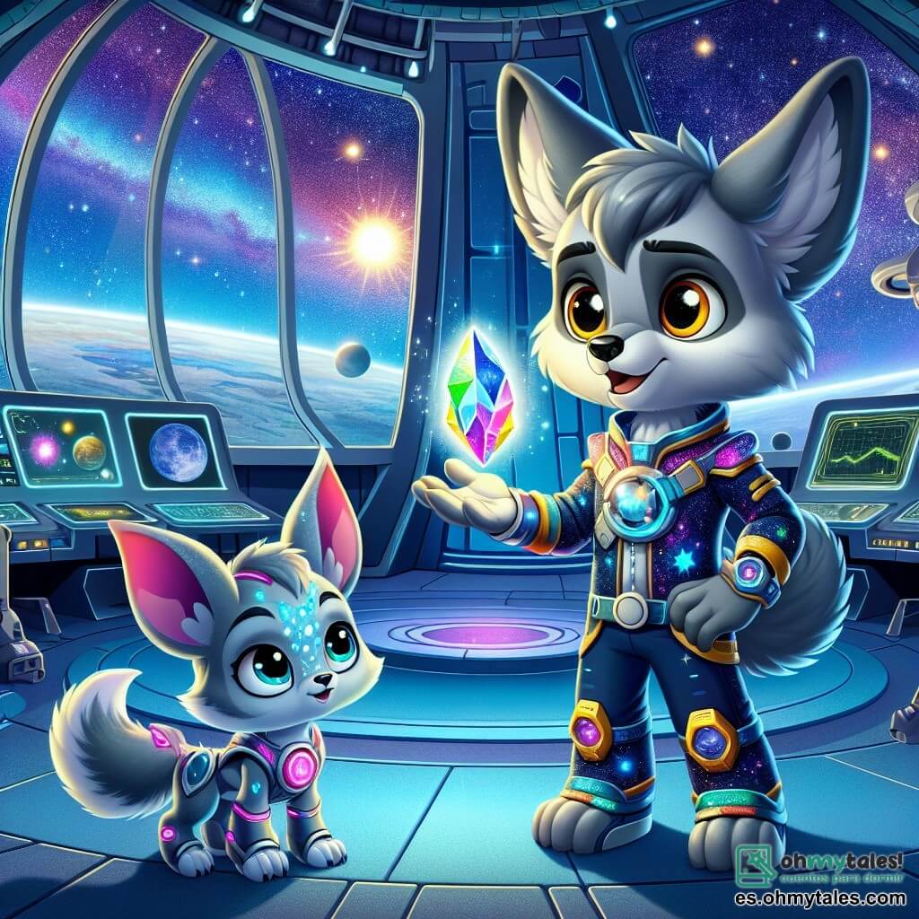 Lupo, un pequeño lobo espacial de pelo gris y ojos brillantes de curiosidad, está en el centro de la escena, con una sonrisa maravillada en el rostro. Lleva un traje espacial colorido con patrones de estrellas y planetas, y mira con fascinación a una criatura extraterrestre. A su lado, Zyn, un Zorbiano de grandes orejas y piel azulada brillante, le muestra un cristal luminoso que brilla en su mano. Su rostro expresa alegría y emoción, y lleva un traje futurista que cambia de color con cada movimiento. La escena se desarrolla en un observatorio espacioso, lleno de ventanas que ofrecen una vista espectacular de un cielo estrellado y un vasto espacio intergaláctico. Lupo y Zyn, unidos por su amistad, exploran juntos las maravillas del universo, compartiendo risas y descubrimientos en este momento mágico de encuentro intergaláctico.