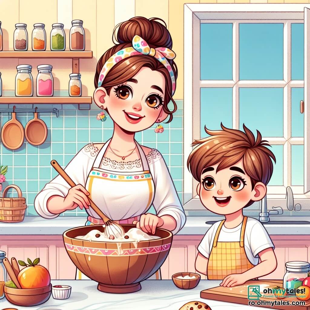 Chef Maria, o femeie zâmbitoare de aproximativ 35 de ani, cu părul brun prins într-un coc și un sort colorat, amestecă ingrediente într-un bol mare din lemn, fața ei strălucind de bucurie și pasiune pentru gătit. Lângă ea, Andrei, un băiat de 8 ani cu ochi strălucitori și părul castaniu în dezordine, observă cu uimire, ținând o lingură de lemn, gata să o ajute. Scena se desfășoară într-o bucătărie caldă și primitoare, cu pereți vopsiți în galben pastel, rafturi pline cu borcane de condimente colorate și feronerie care lasă lumina soarelui să intre, iluminând un blat din marmură unde sunt așezate fructe proaspete și ingrediente variate. În această ilustrație, Chef Maria și Andrei pregătesc împreună o prăjitură delicioasă, creând o atmosferă de complicitate și fericire, înconjurați de aroma dulce care umple camera.
